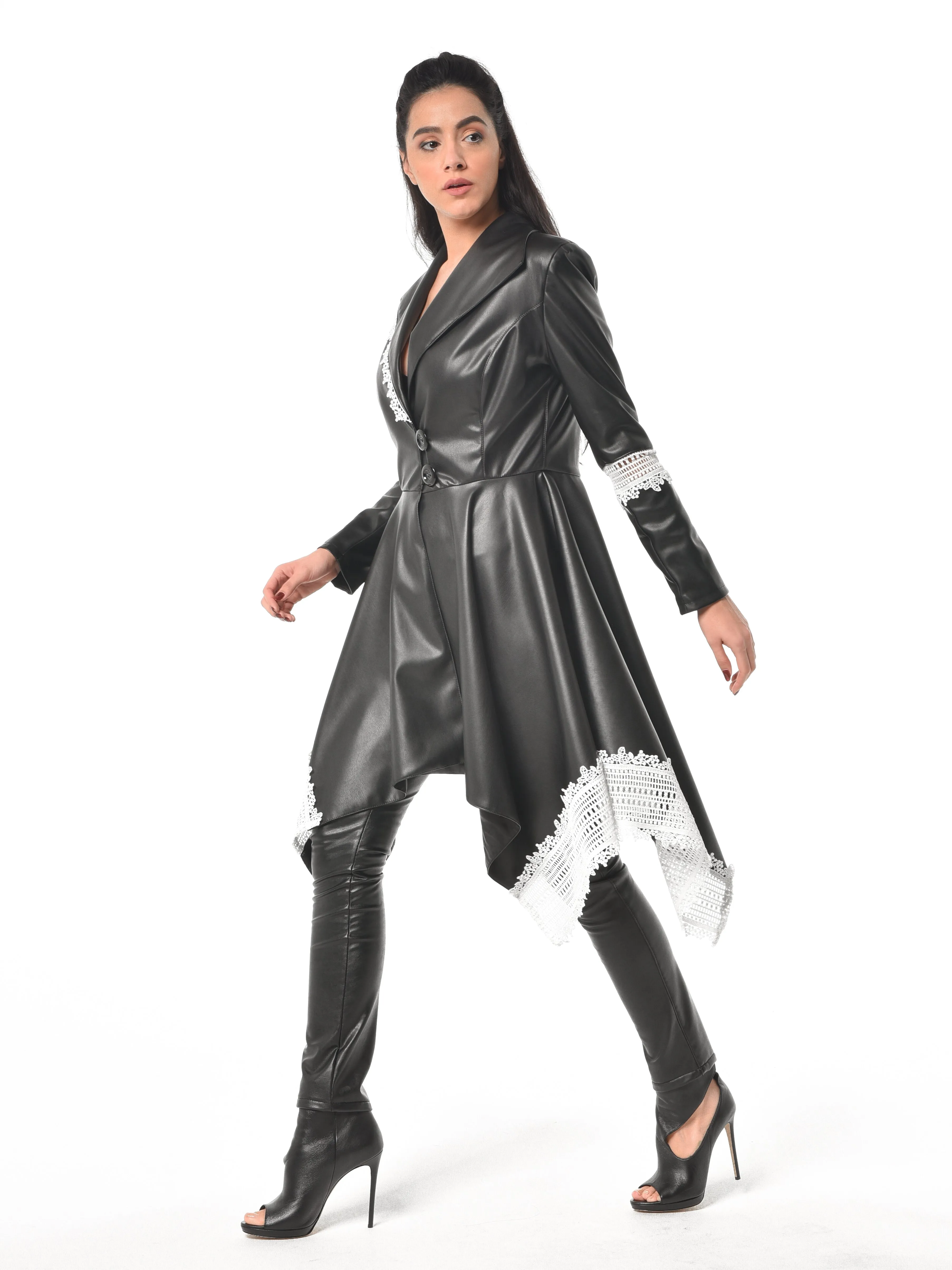 Vegan Leather Coat With Lace Details