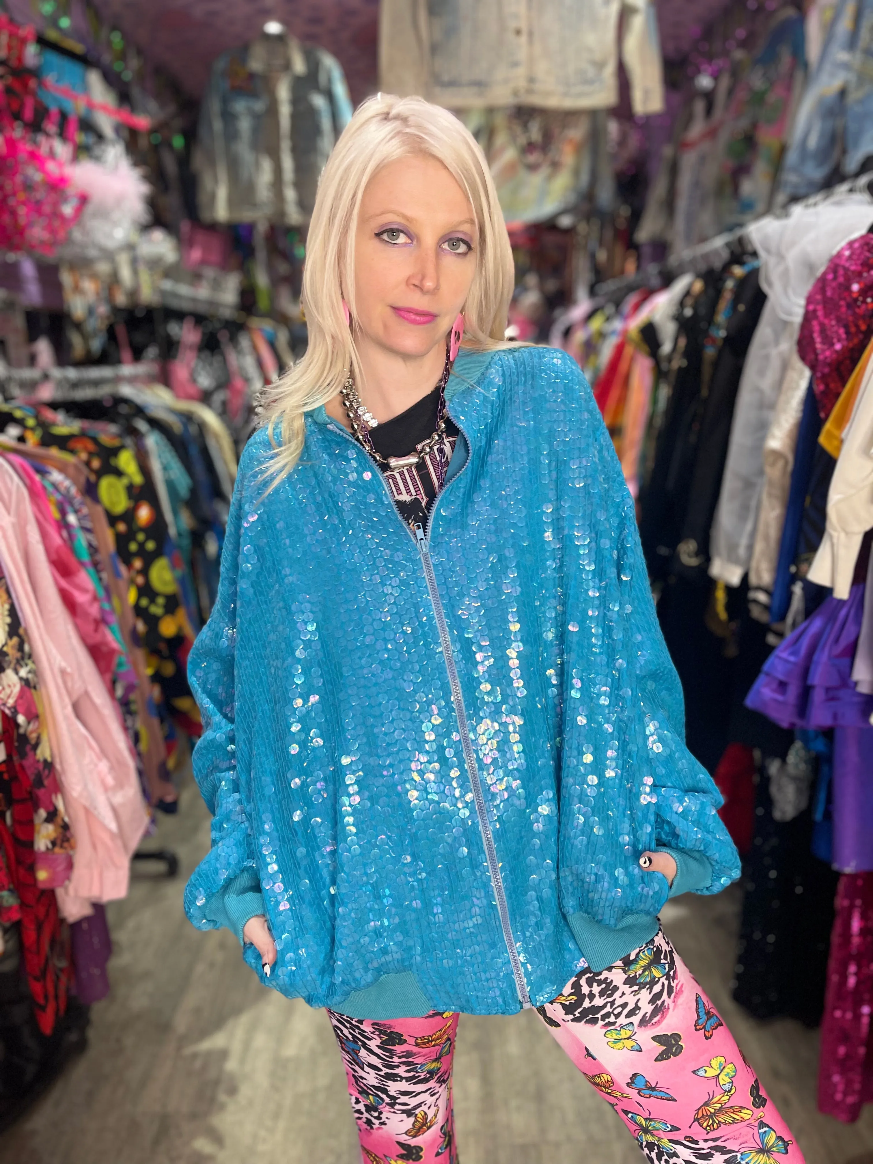 Vintage 80’s Aqua Sparkle Sequin Bomber Jacket