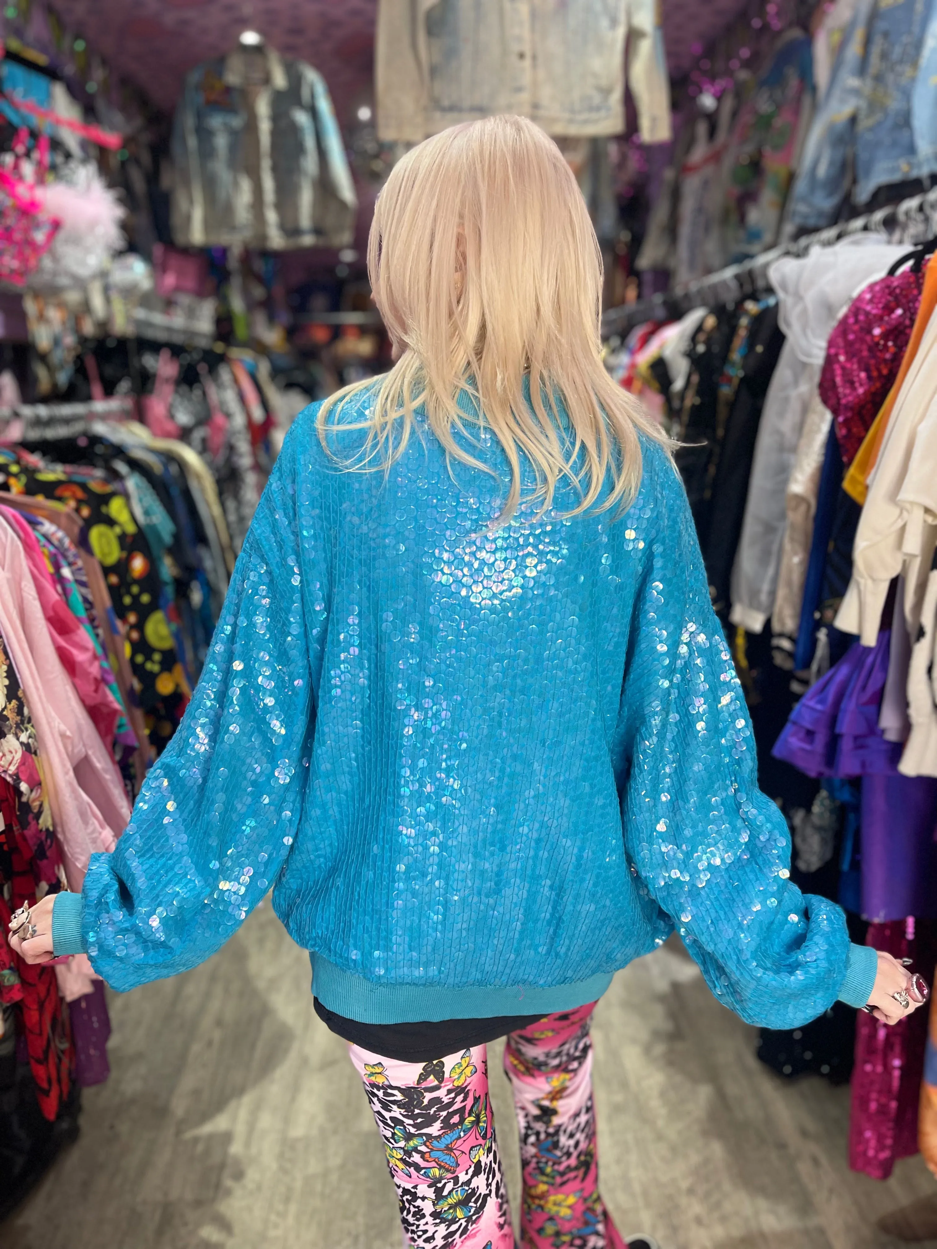 Vintage 80’s Aqua Sparkle Sequin Bomber Jacket