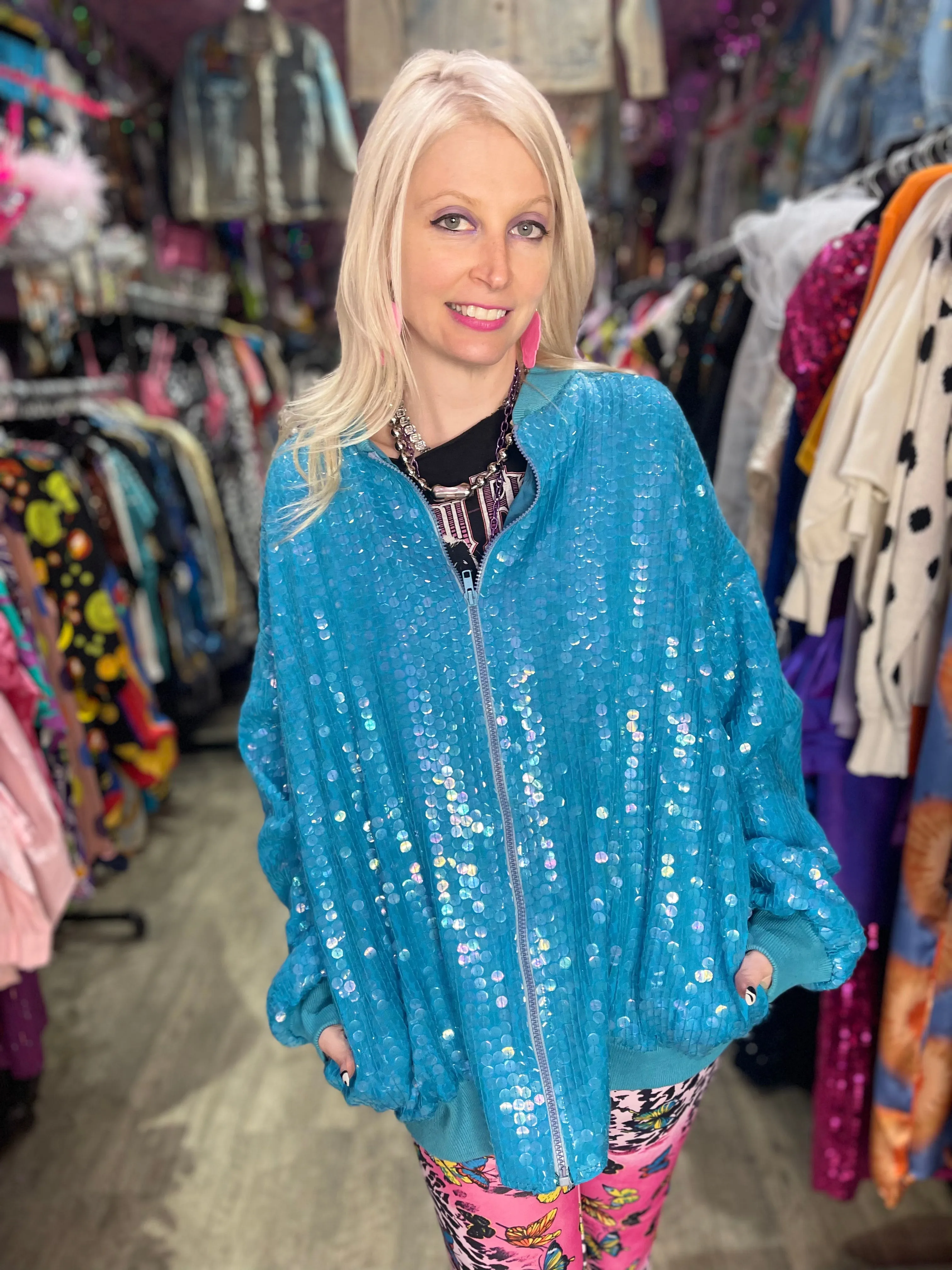 Vintage 80’s Aqua Sparkle Sequin Bomber Jacket