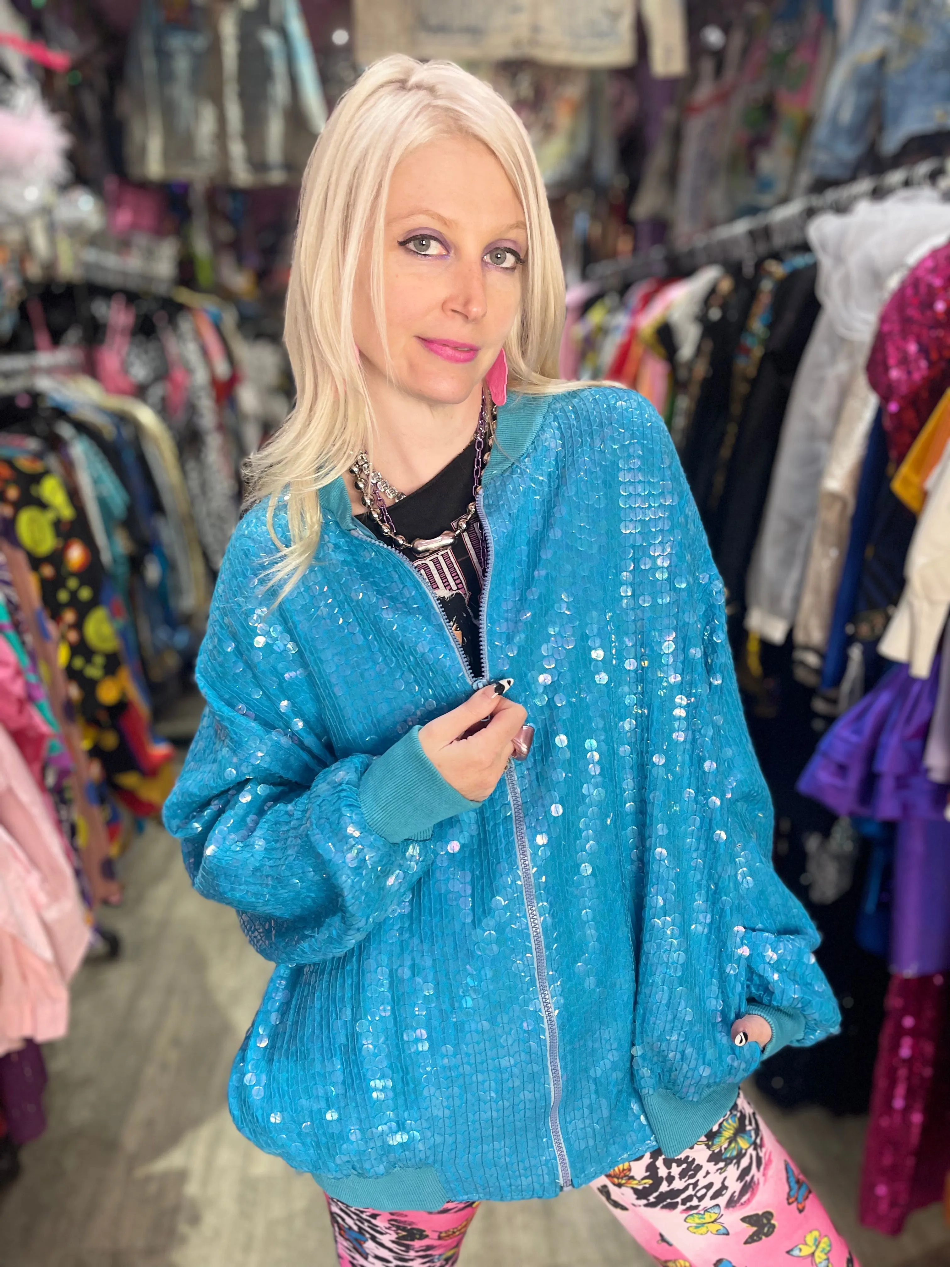 Vintage 80’s Aqua Sparkle Sequin Bomber Jacket