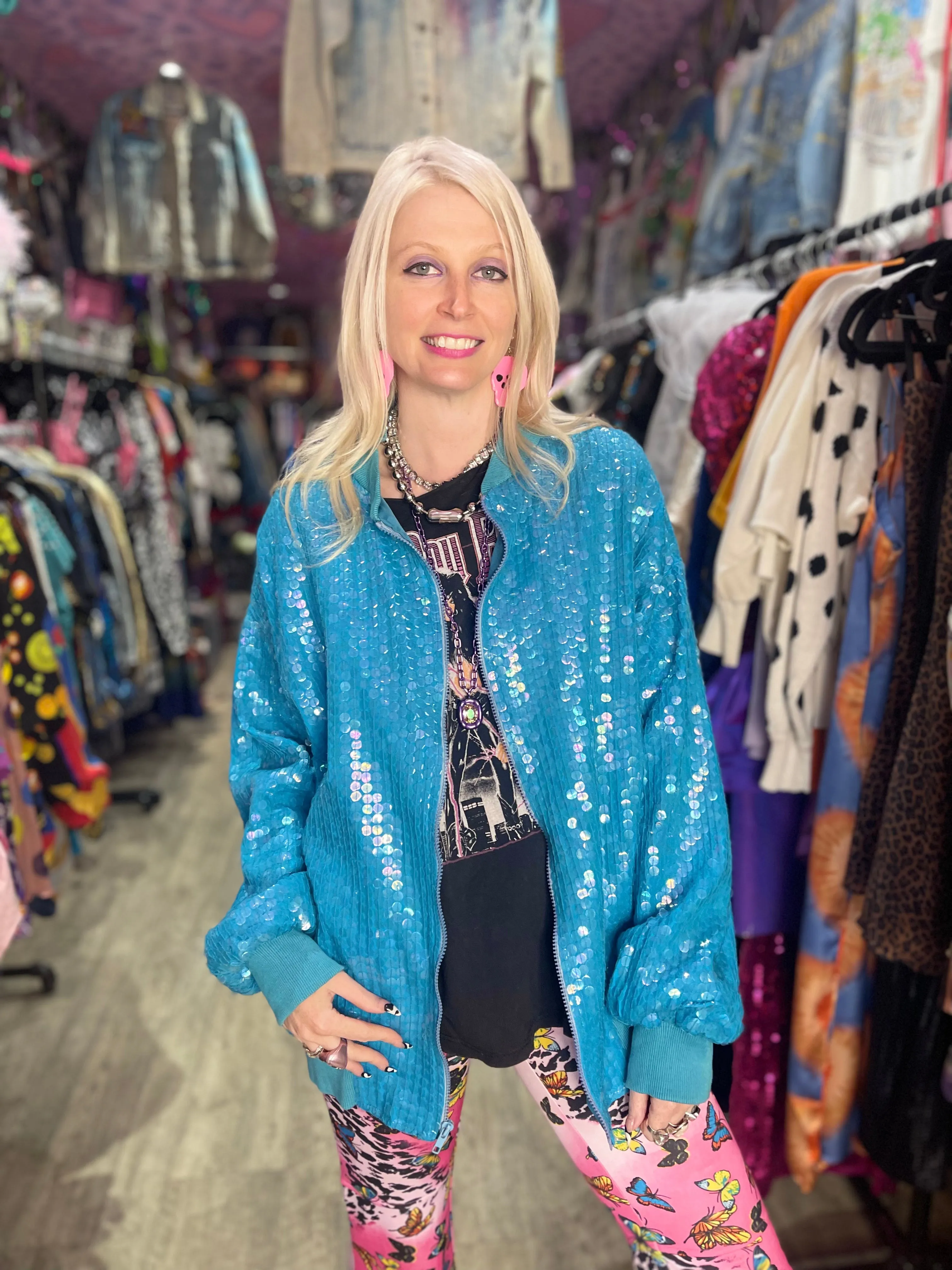 Vintage 80’s Aqua Sparkle Sequin Bomber Jacket