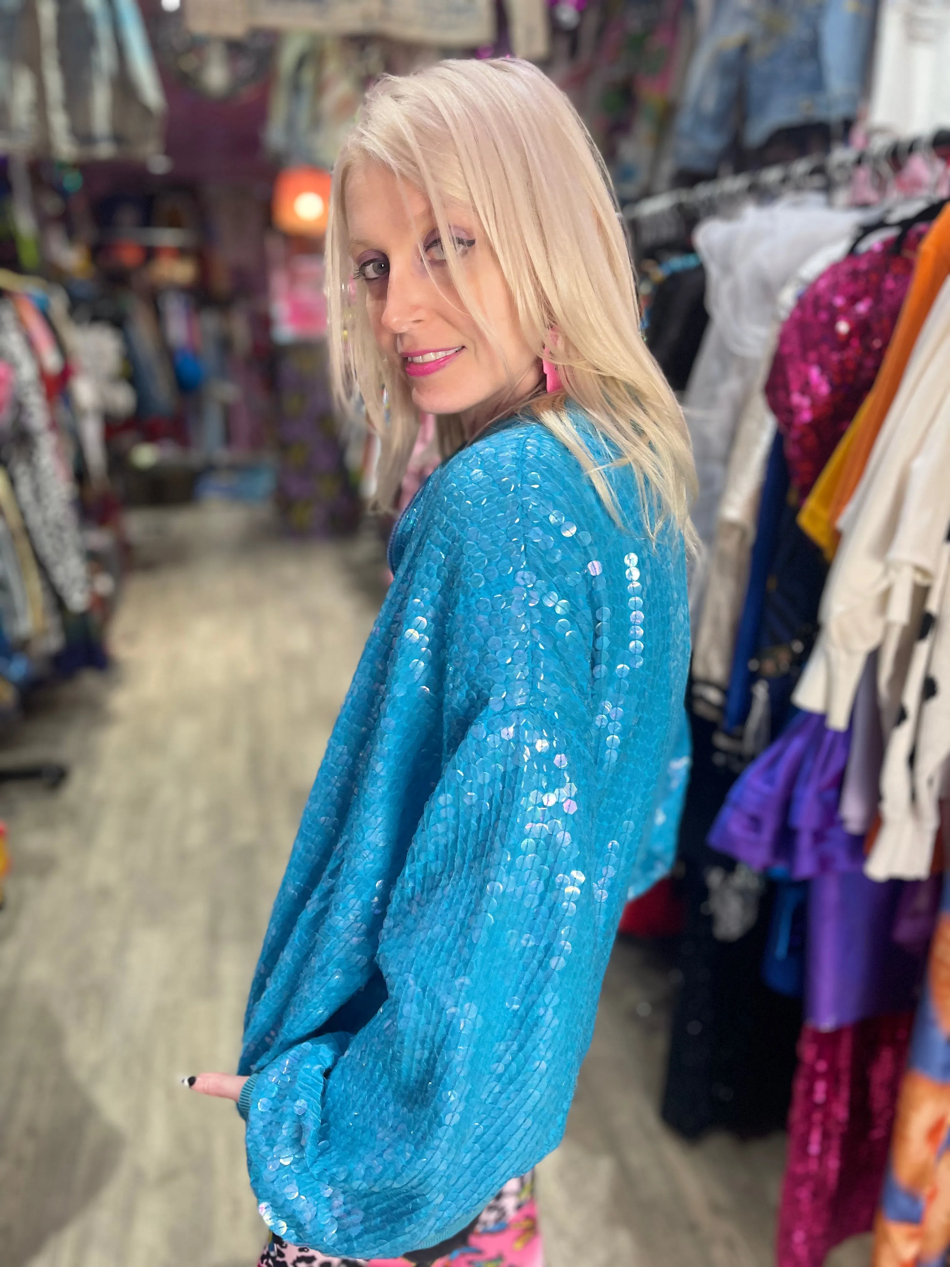 Vintage 80’s Aqua Sparkle Sequin Bomber Jacket