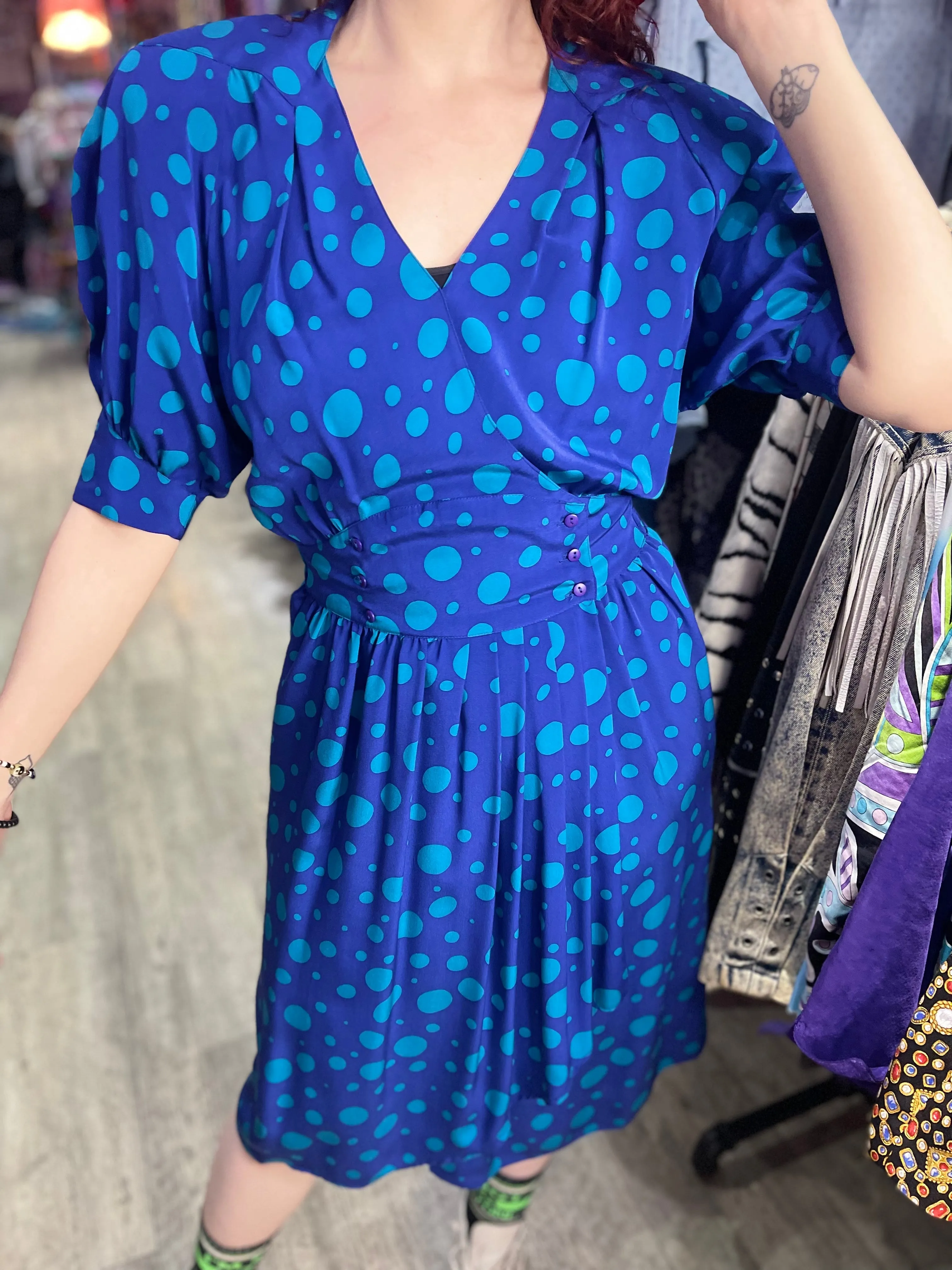 Vintage 80s Blue Green Dot Dress