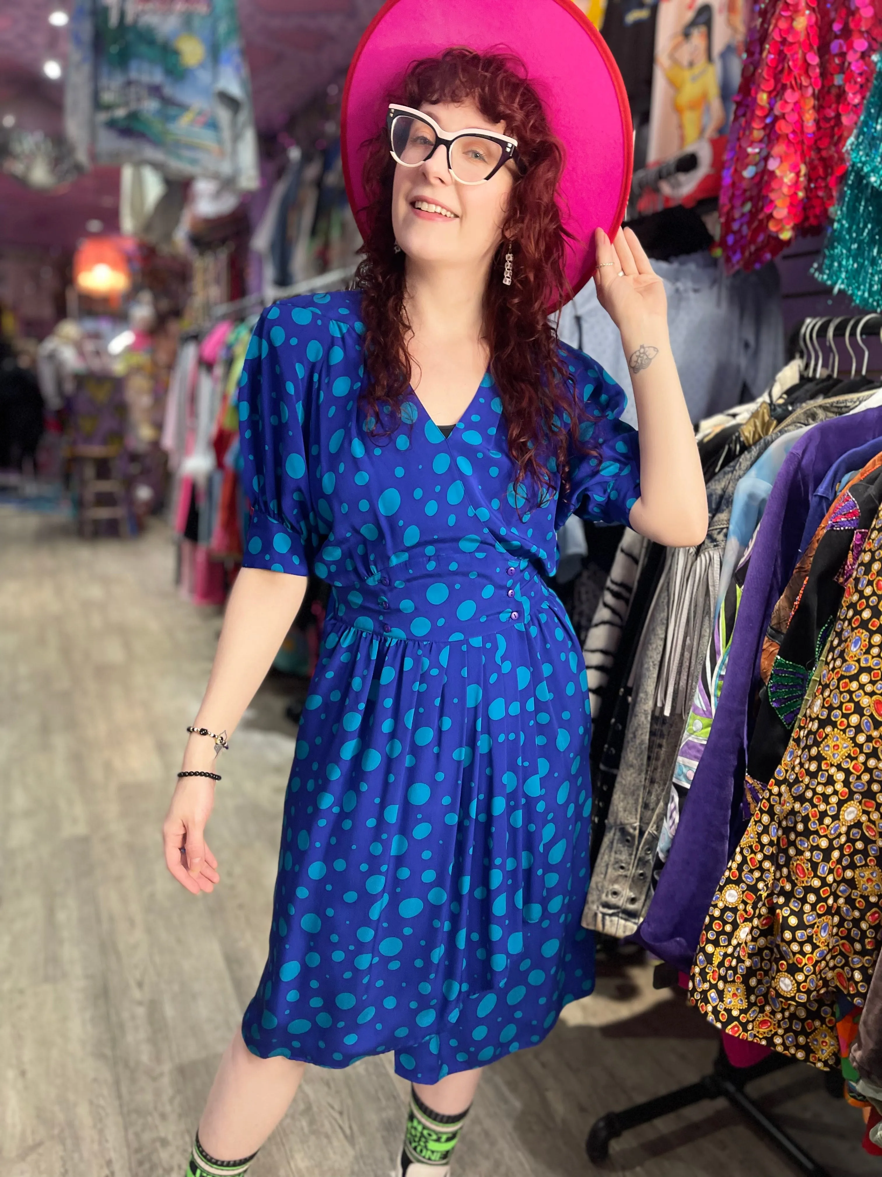 Vintage 80s Blue Green Dot Dress