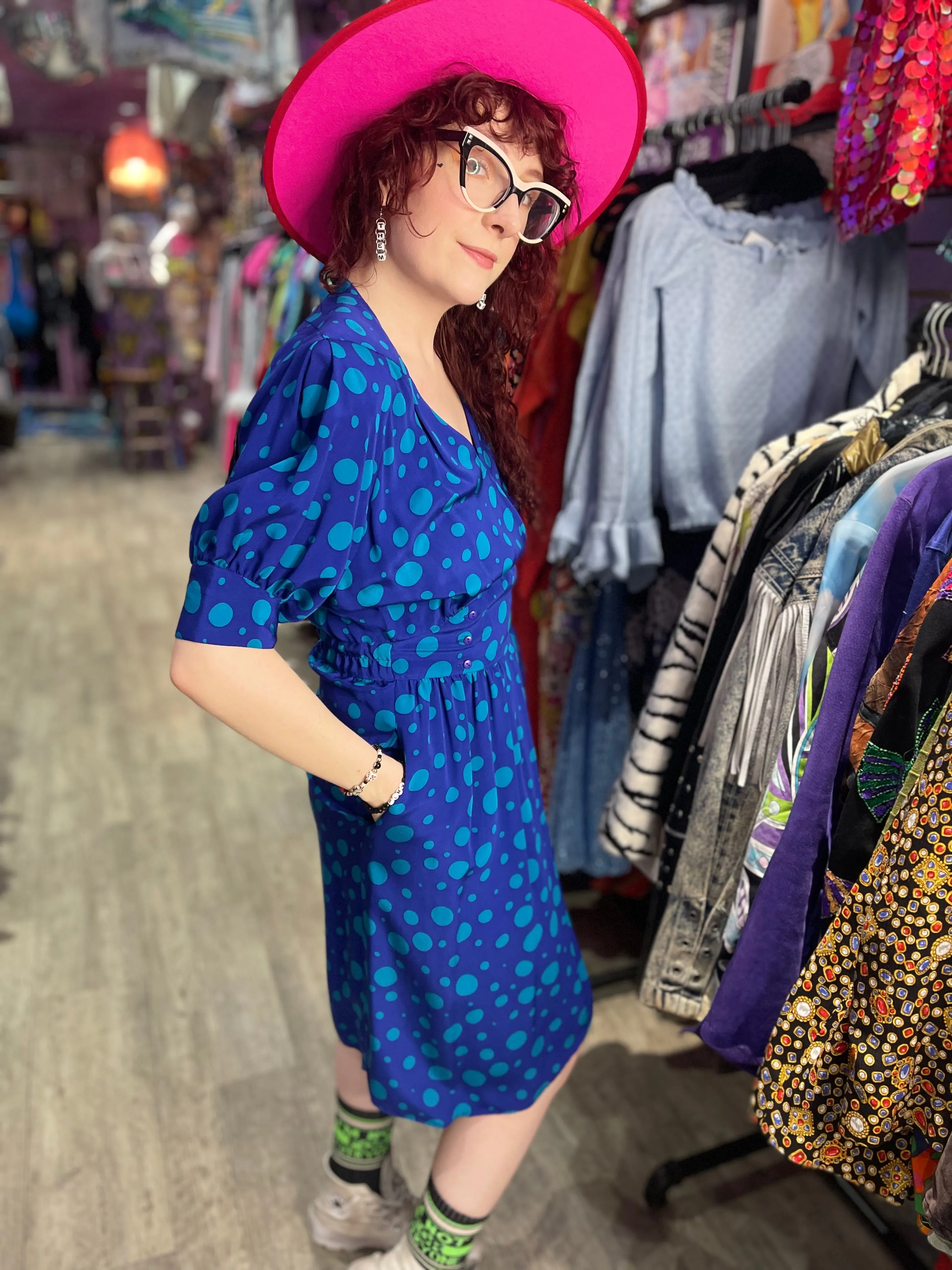 Vintage 80s Blue Green Dot Dress