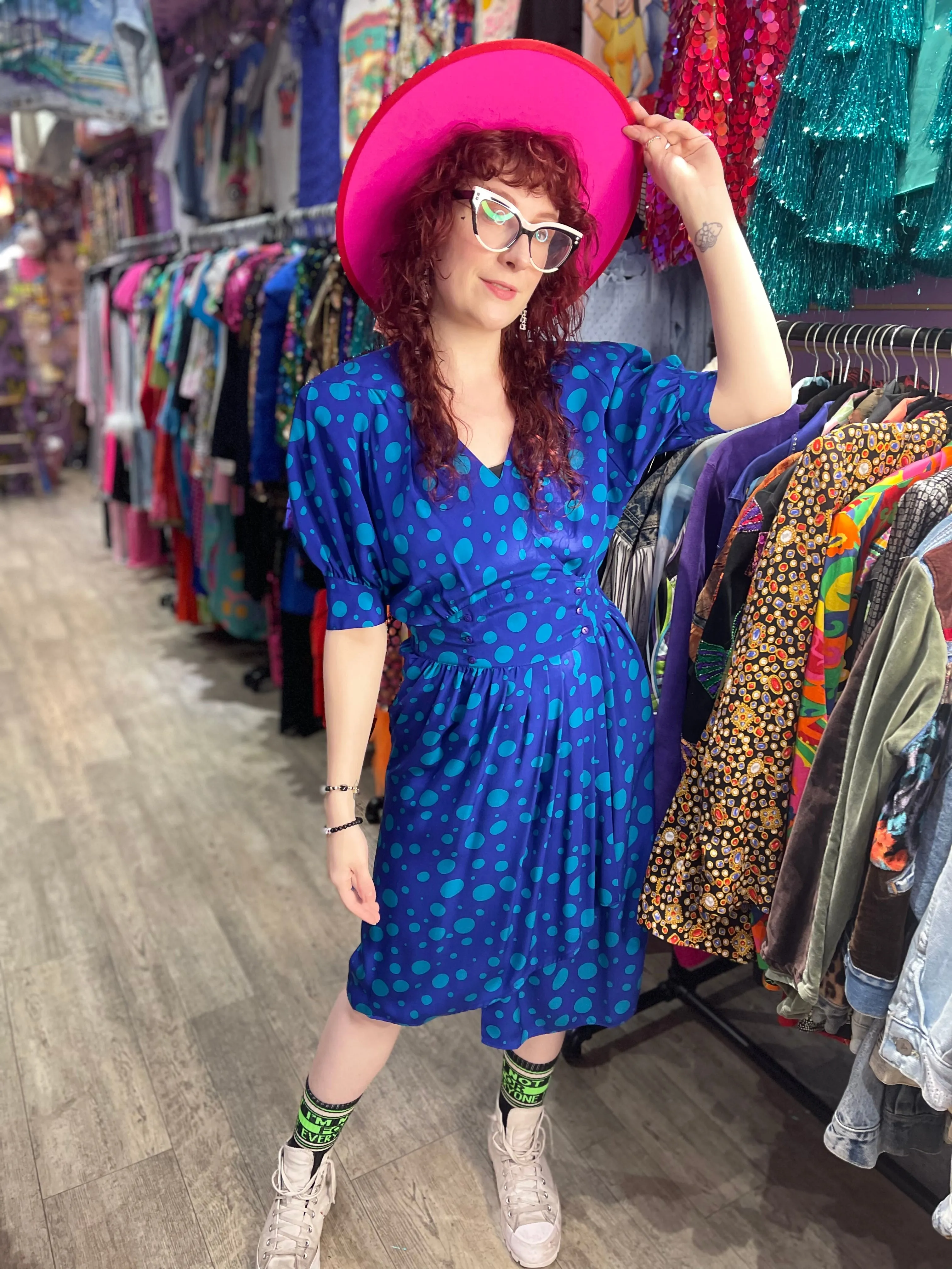 Vintage 80s Blue Green Dot Dress