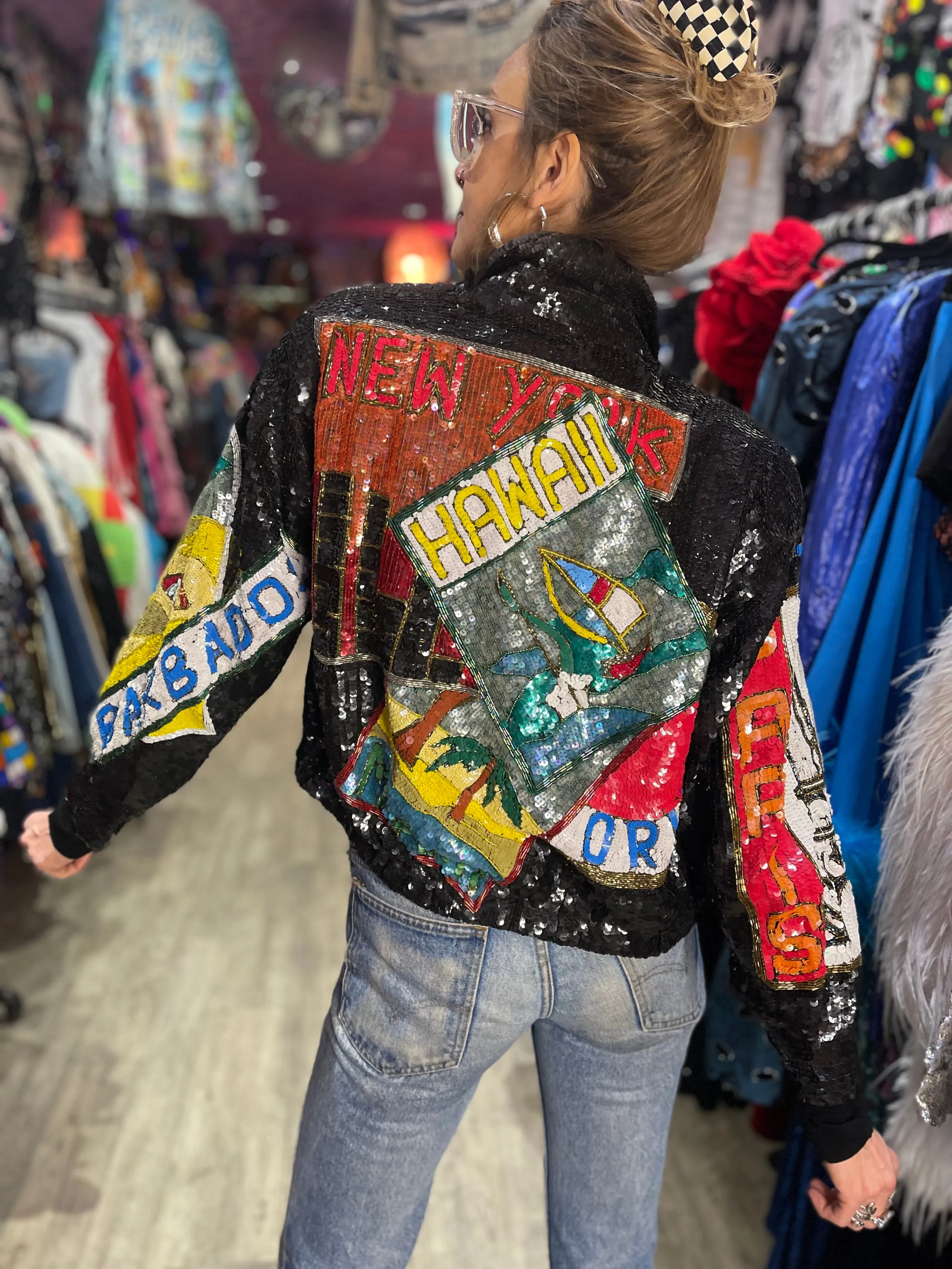 Vintage 80s Sequin City Landmarks Jacket