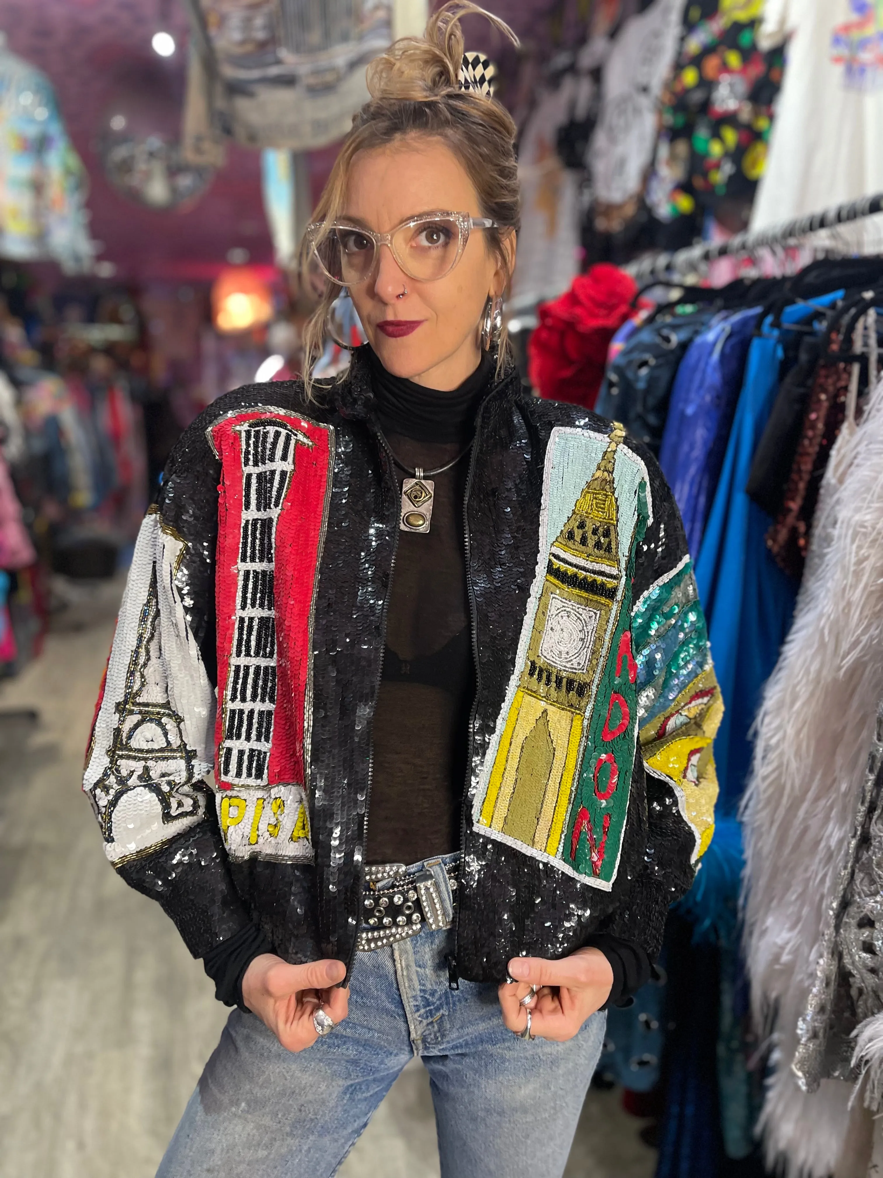 Vintage 80s Sequin City Landmarks Jacket