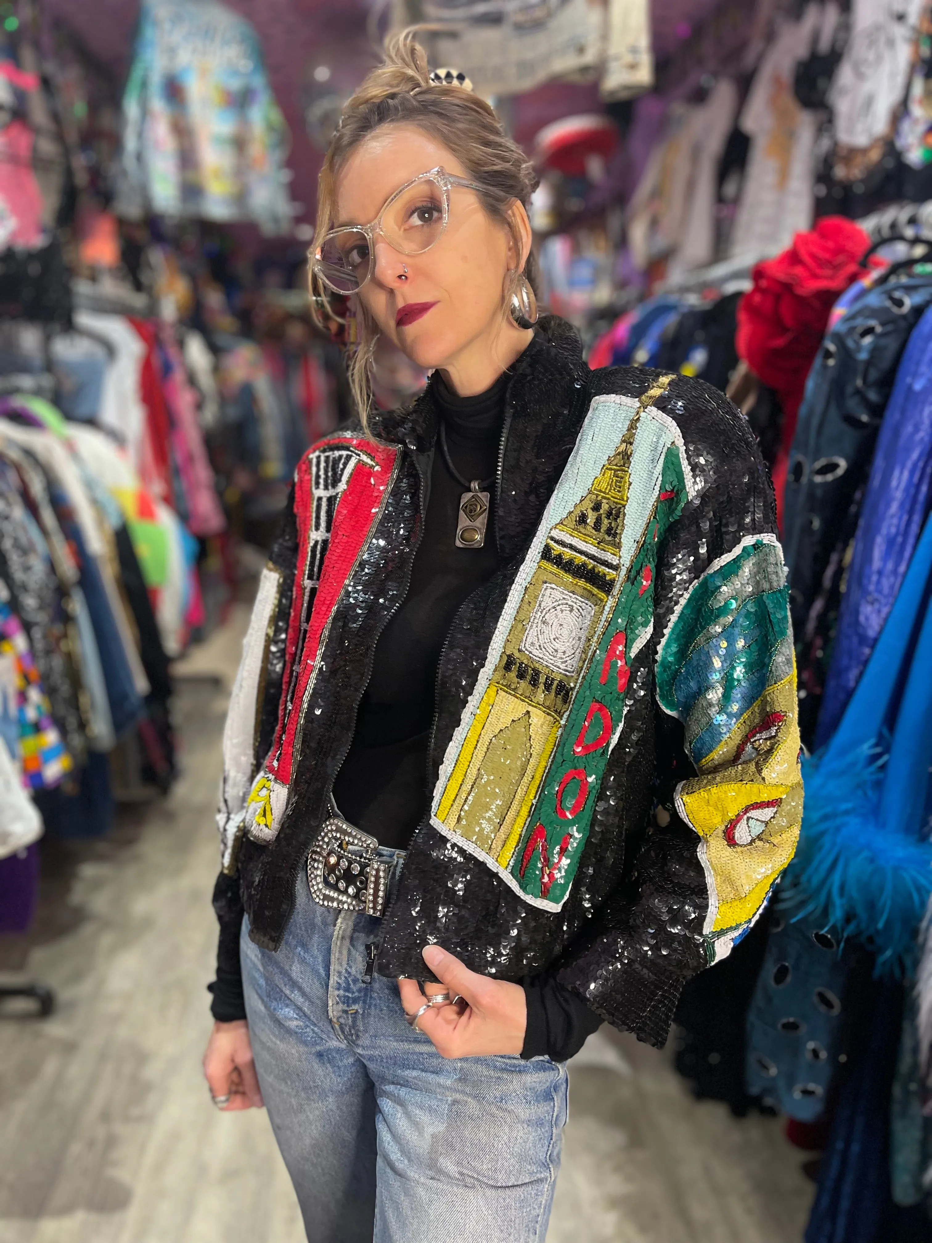 Vintage 80s Sequin City Landmarks Jacket