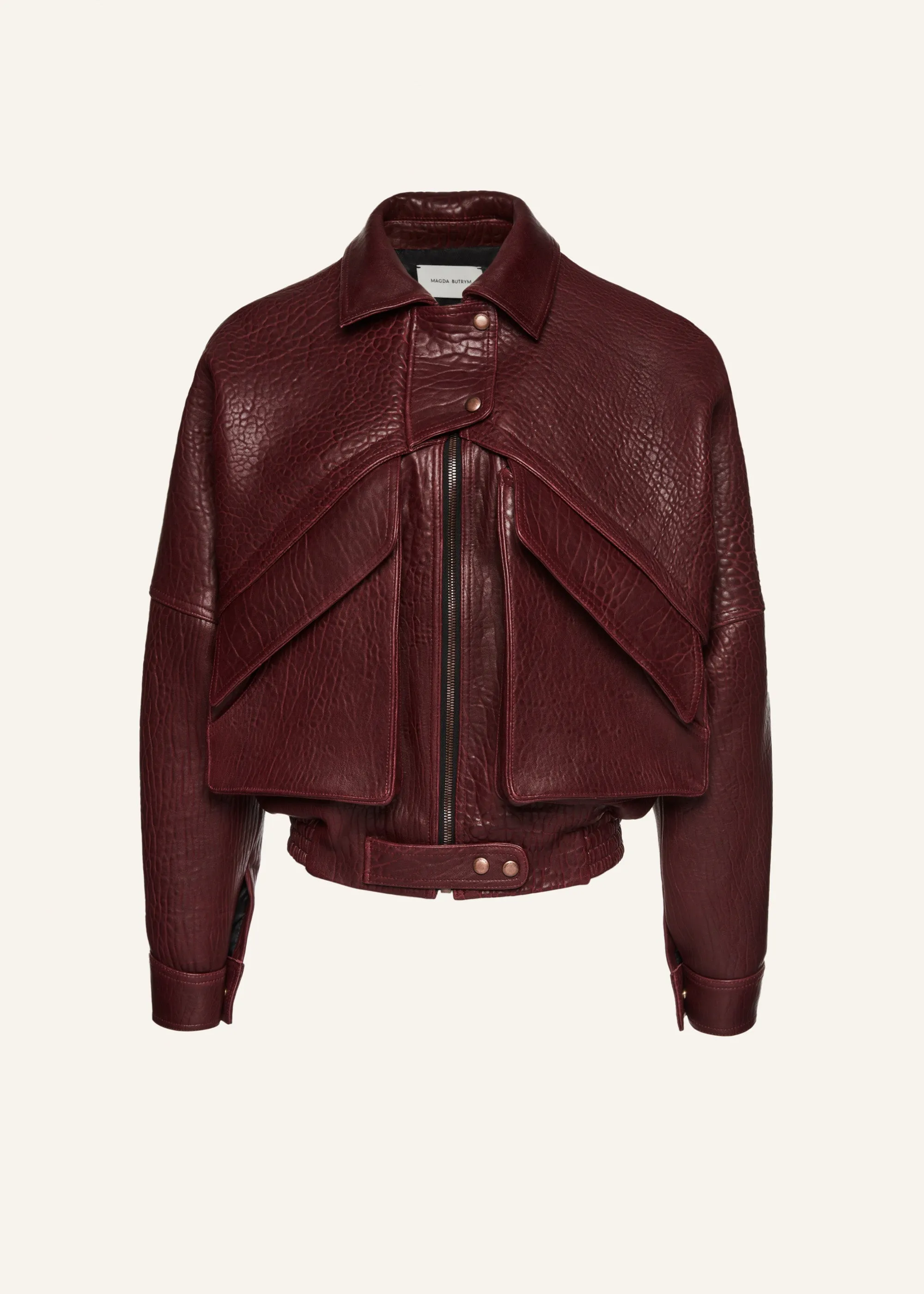 Vintage leather bomber jacket in embossed burgundy