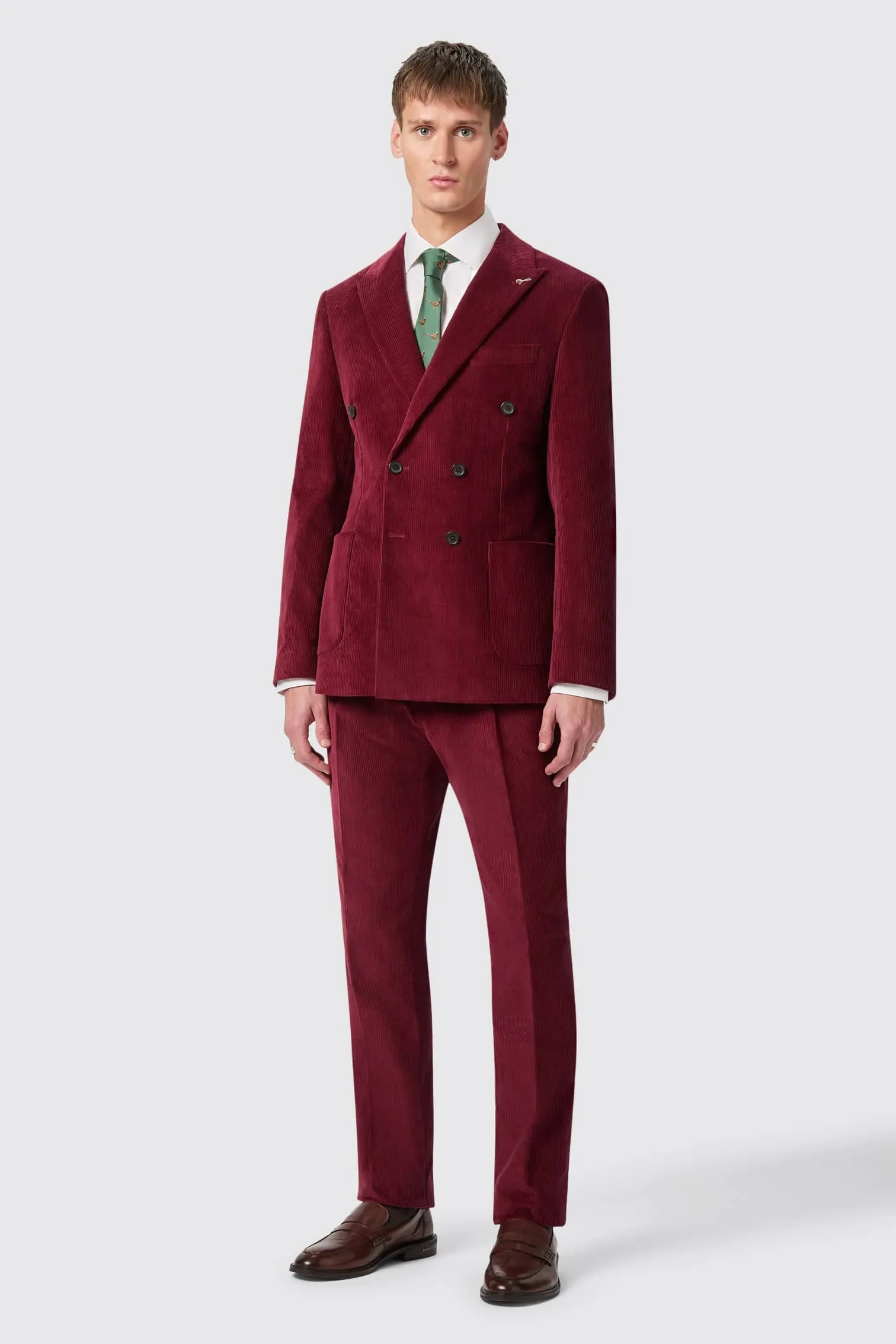 Waugh Slim Fit Burgundy Corduroy Double Breasted Jacket