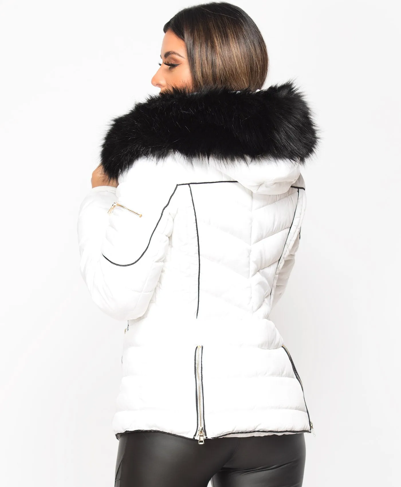 White Fur Hooded Piping Quilted Puffer Jacket