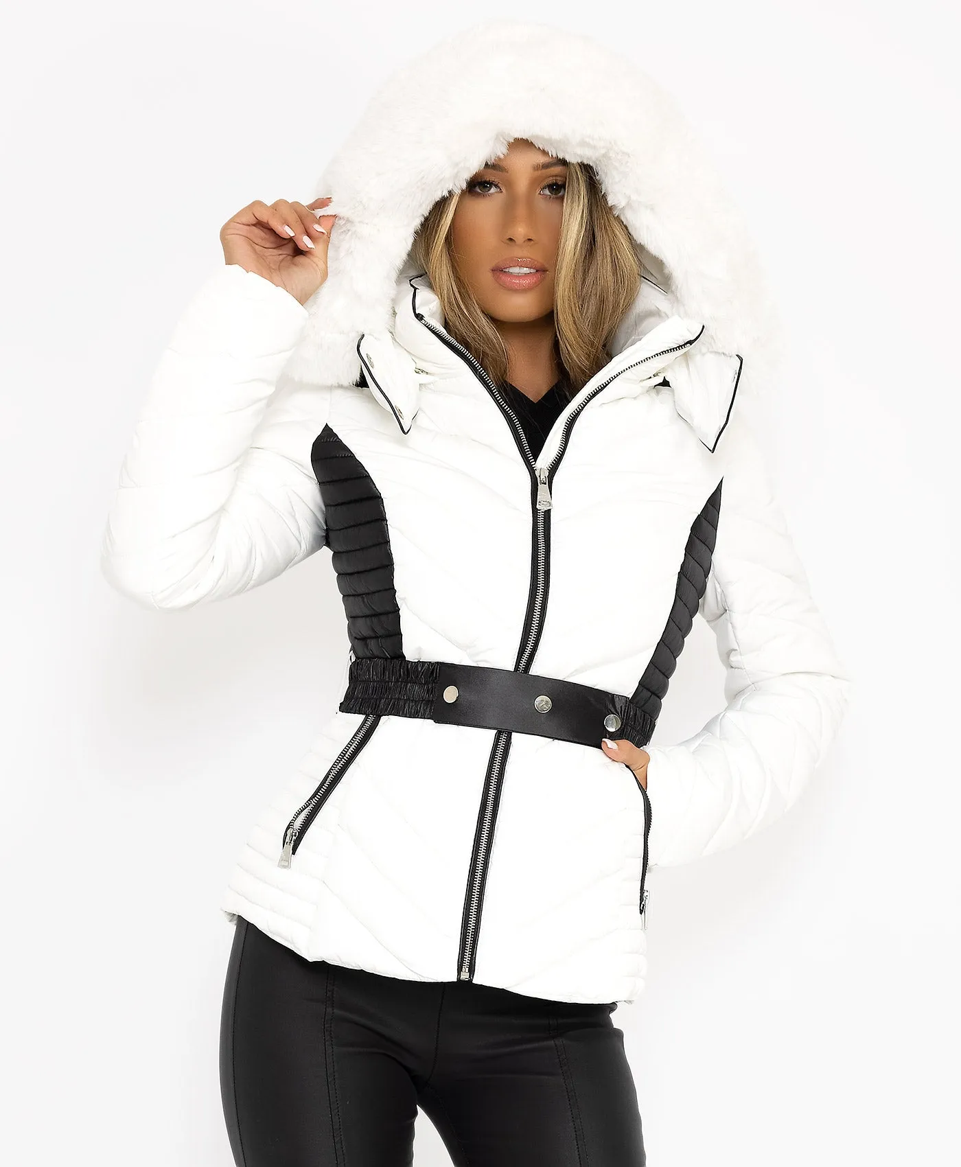 White Padded Quilted Faux Fur Belted Puffer Jacket Coat