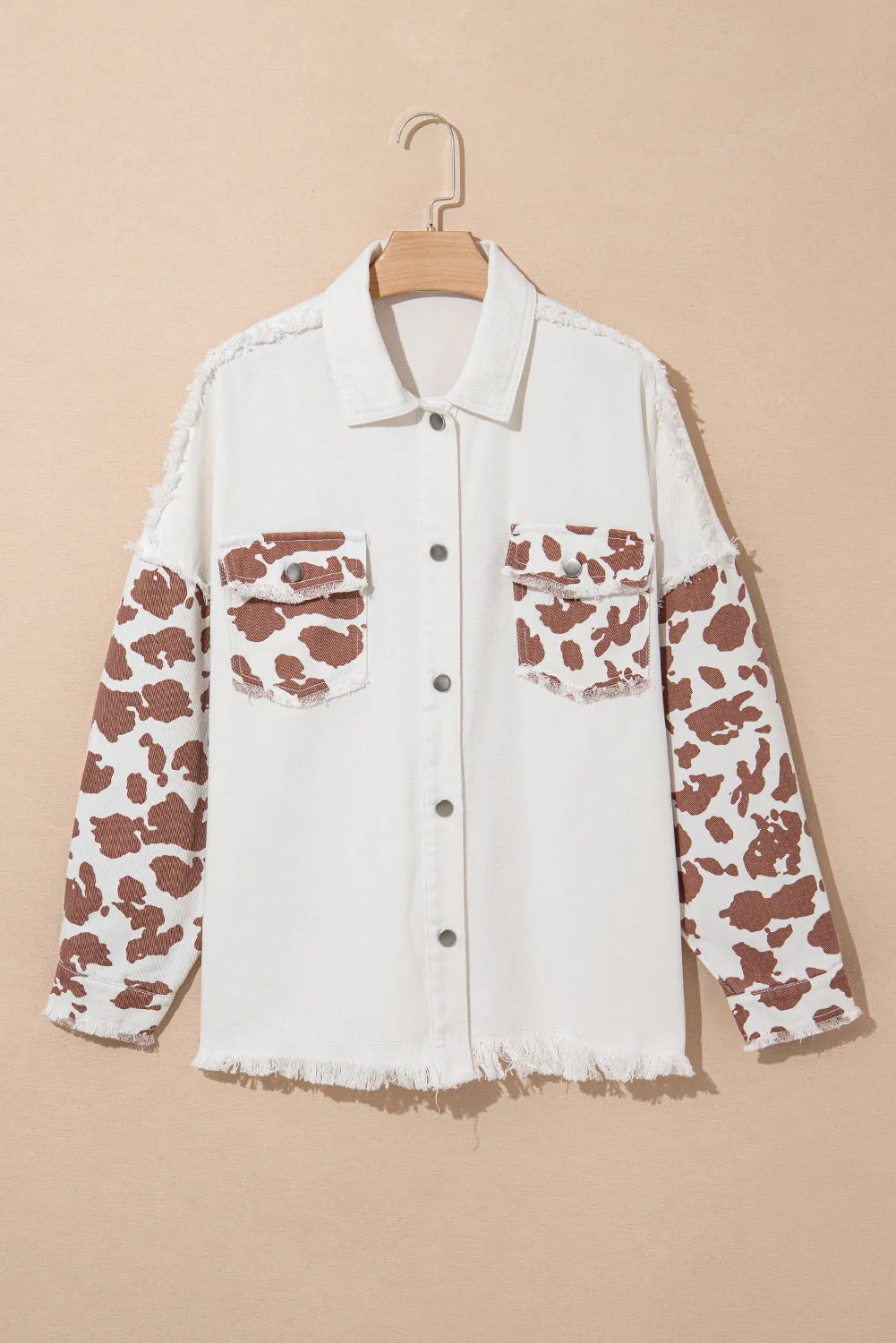 White Spot Patchwork Flap Pocket Distressed Hem Long Denim Jacket