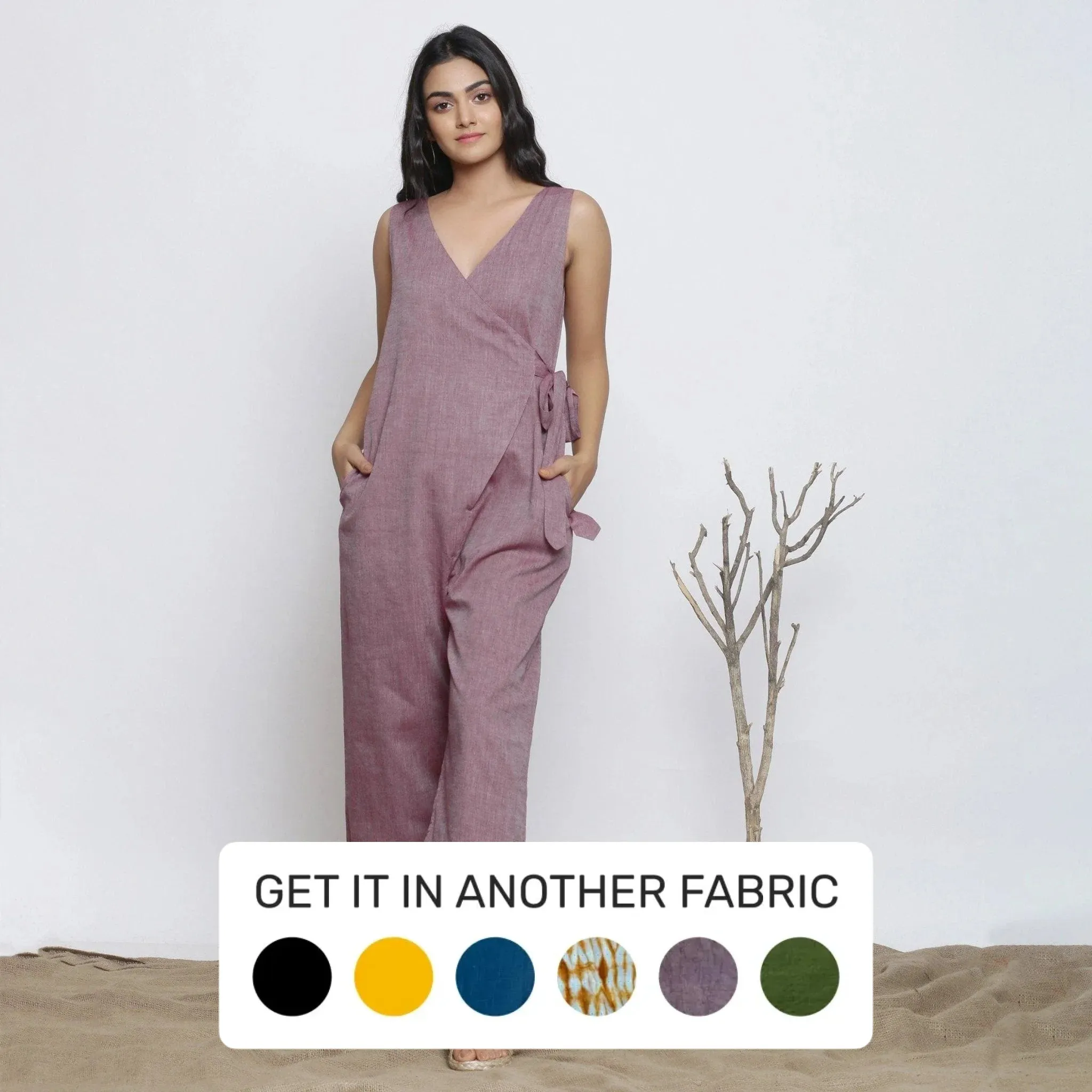 Wine Cotton Muslin Deep Neck Midi Wrap Jumpsuit