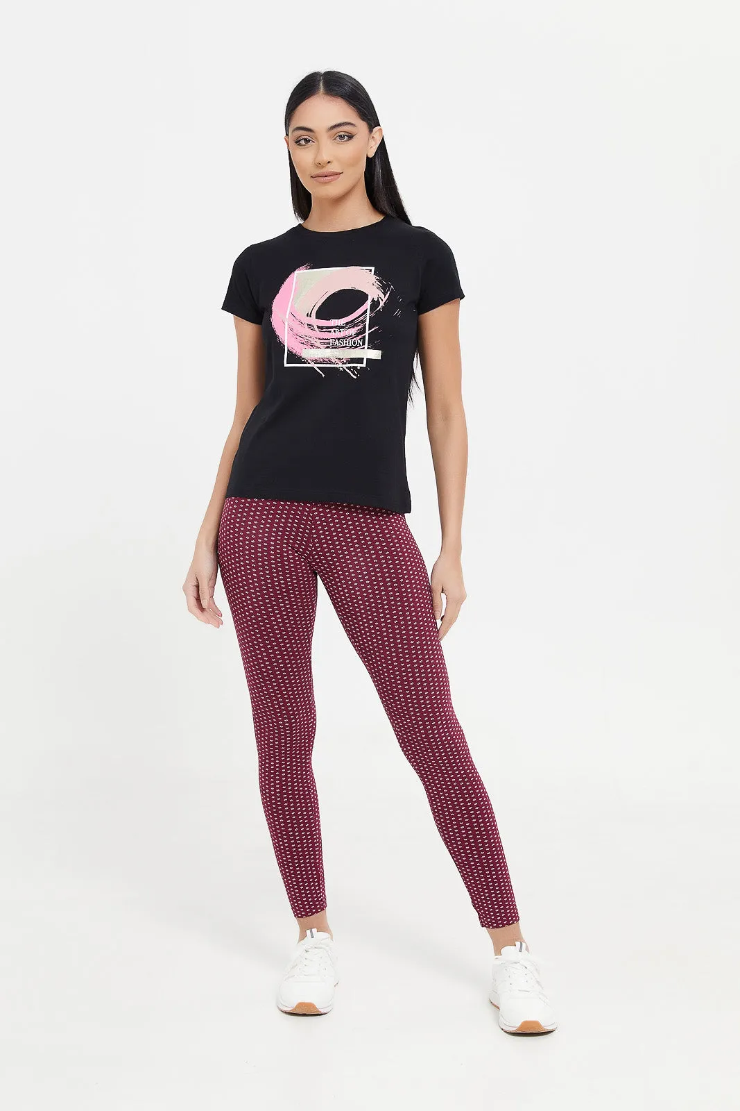 Women Burgundy Checked Leggings