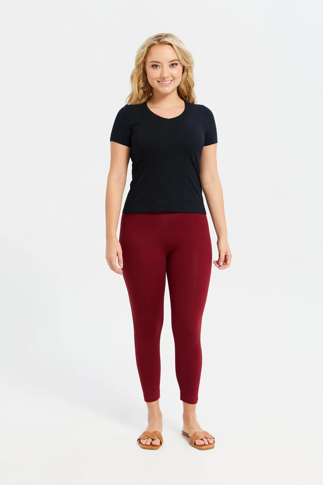 Women Burgundy Cropped Leggings