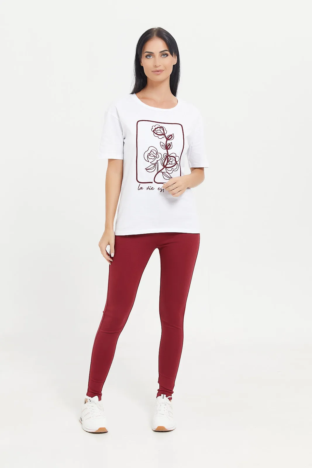 Women Burgundy Elastic Ponte Legging