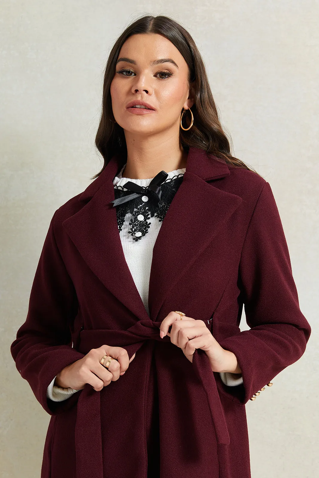 Women Burgundy Long Melton Jacket