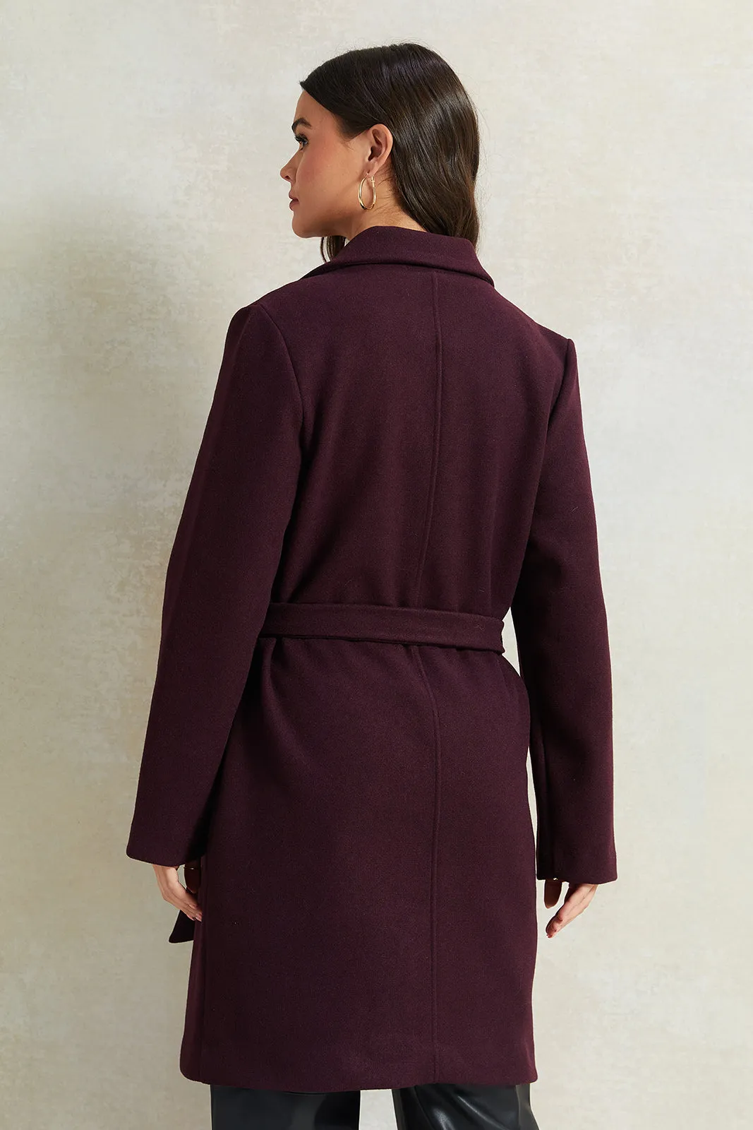 Women Burgundy Long Melton Jacket