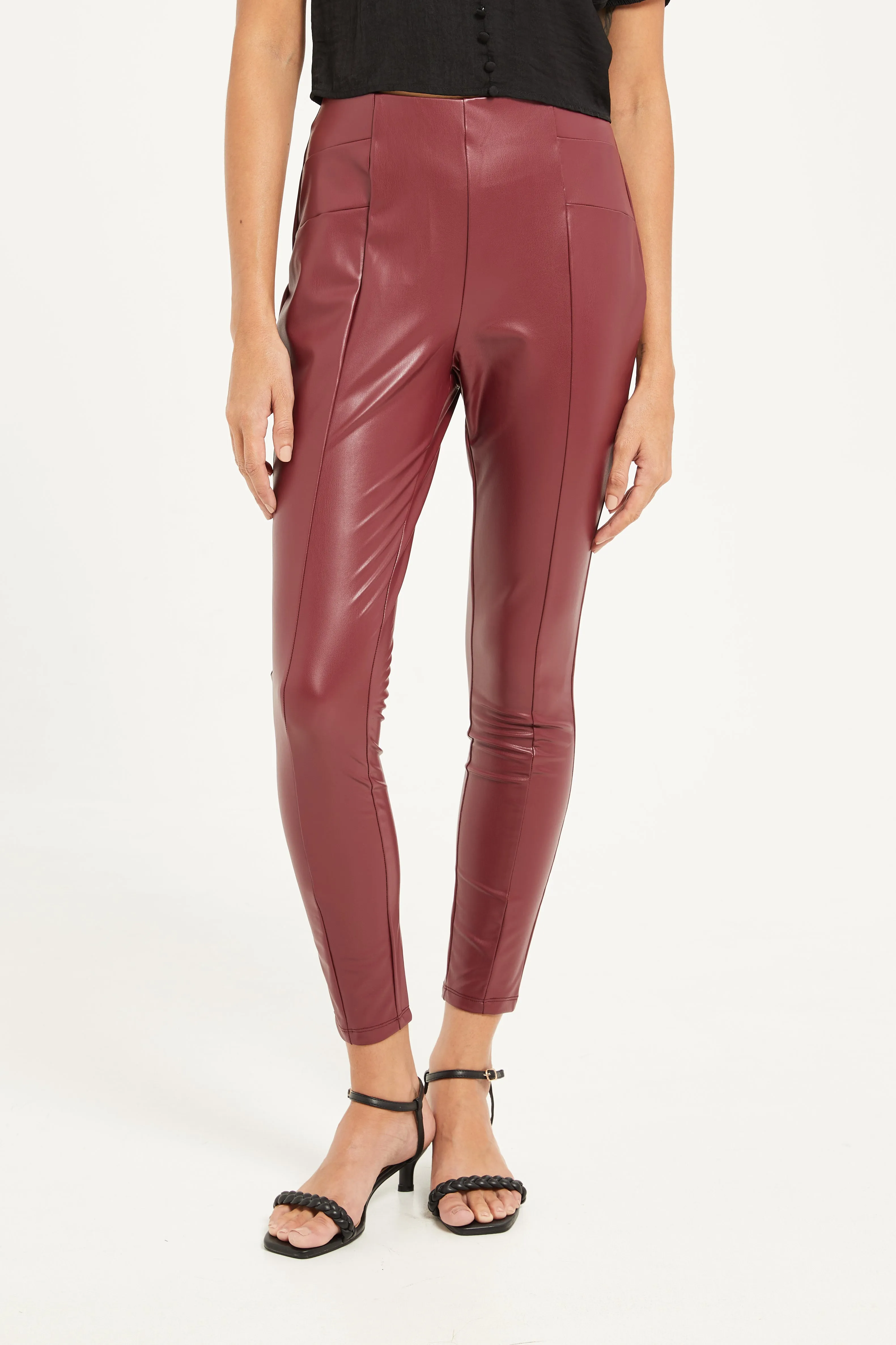 Women Burgundy Pu Leggings