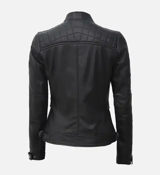 Women’s Black Quilted Cafe Racer Leather Jacket