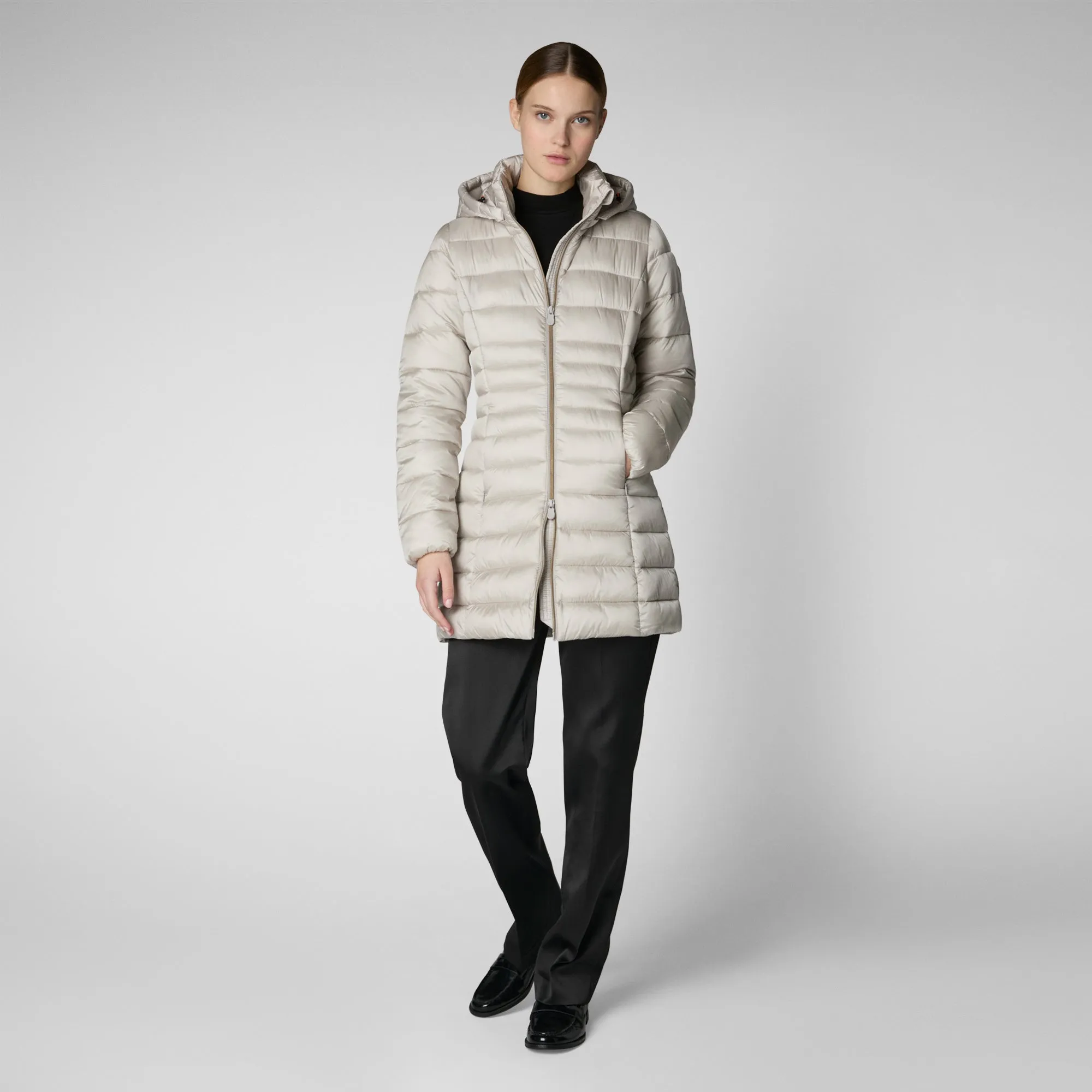 Women's Hooded Animal free Puffer Coat Reese in Rainy Beige