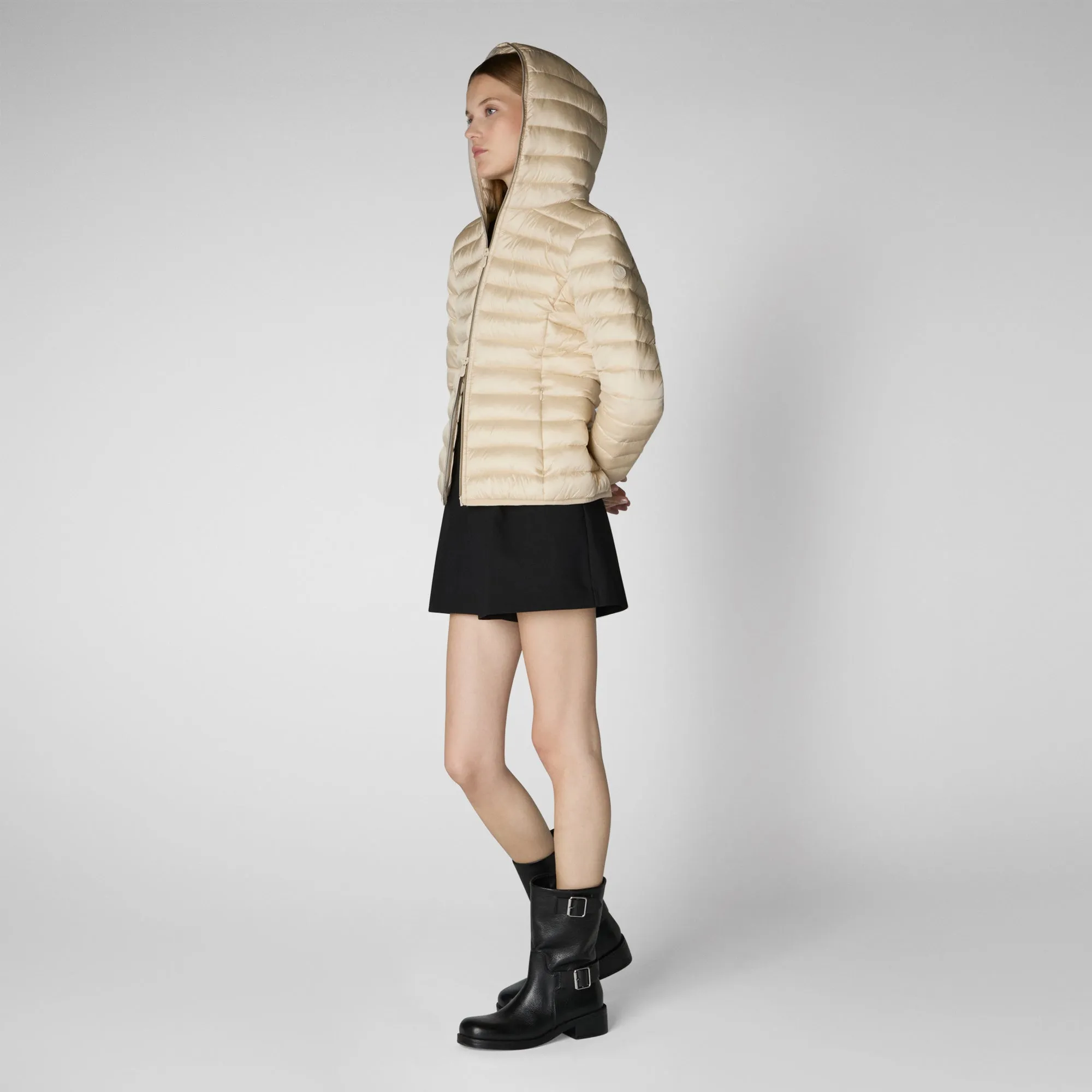 Women's Hooded Animal free Puffer Jacket Alexis in Shore Beige