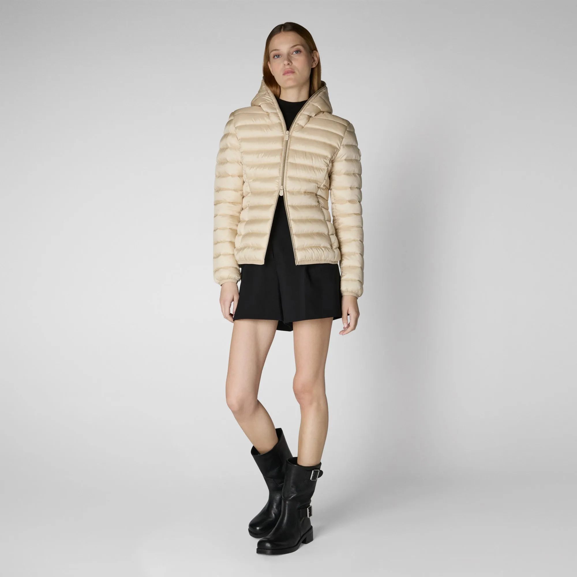 Women's Hooded Animal free Puffer Jacket Alexis in Shore Beige