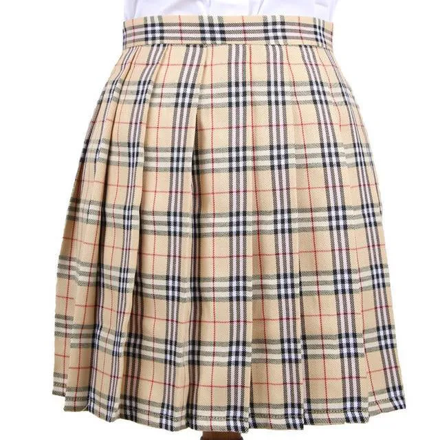 Womens Kawaii Fashion Aesthetic Beige Plaid Pleated Skirt