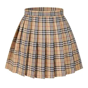 Womens Kawaii Fashion Aesthetic Beige Plaid Pleated Skirt