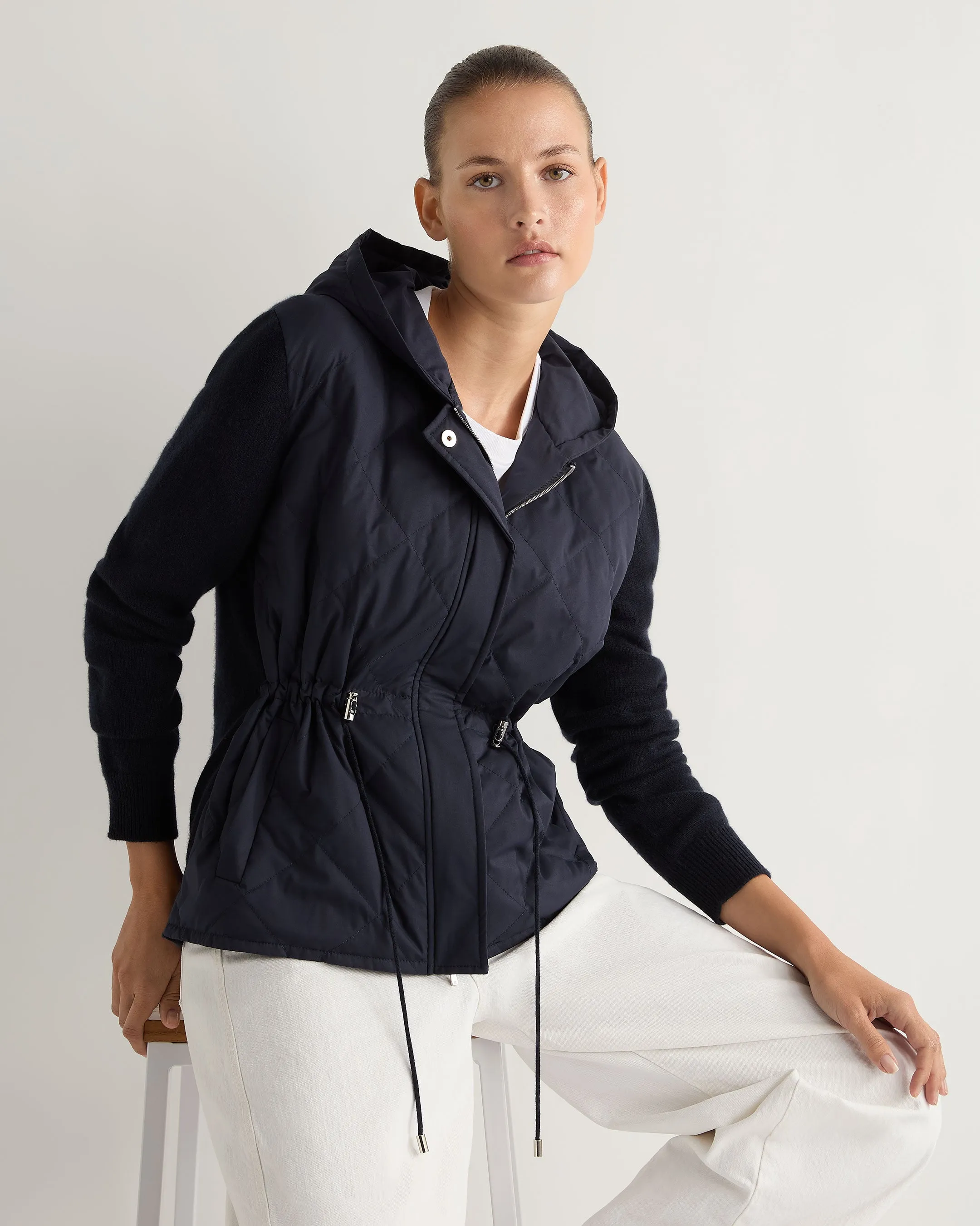 Women's Quilted Woven Mix Cashmere Jacket Navy Blue