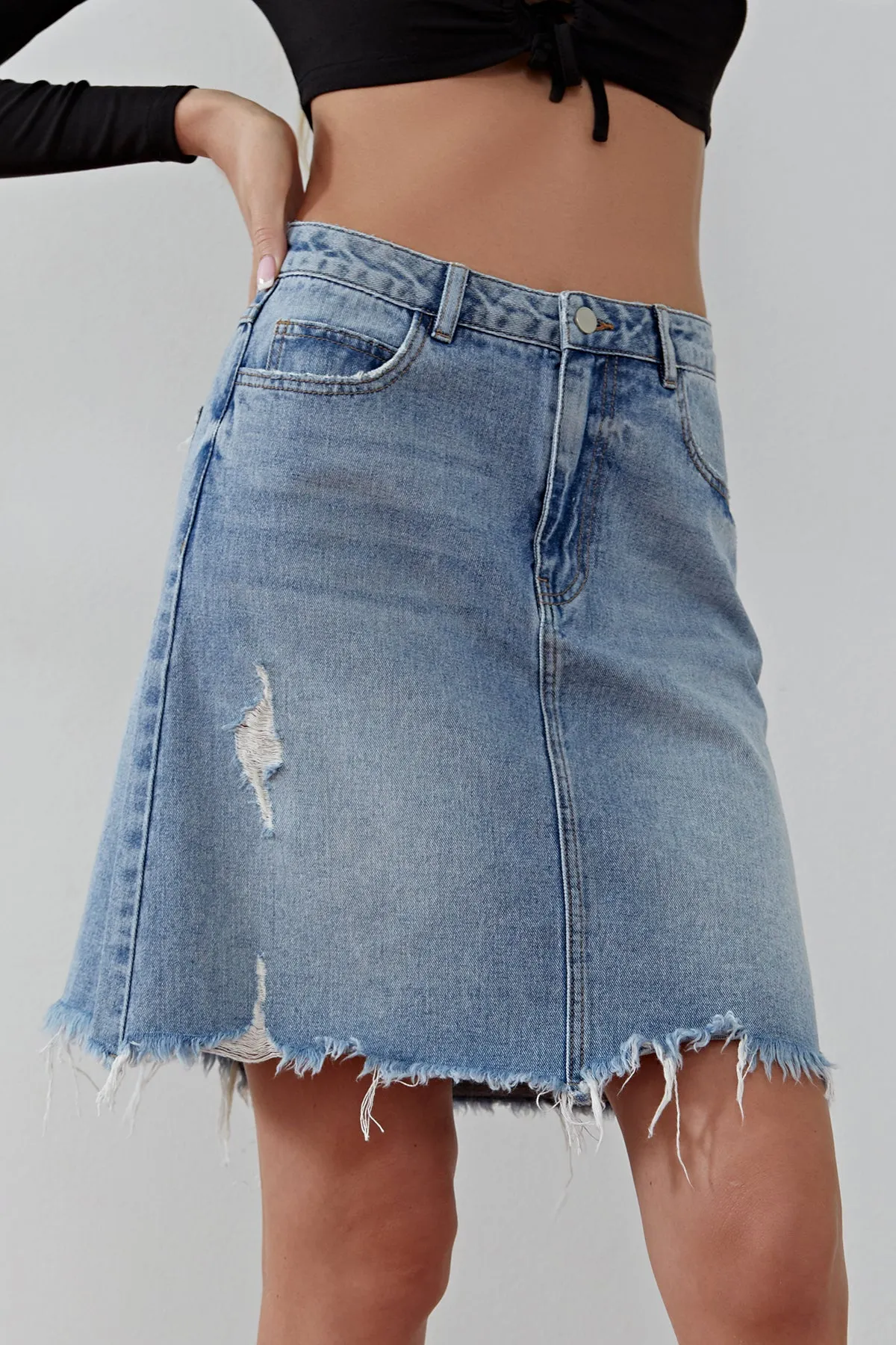 Women's Ripped  Raw Hem A Line Denim Skirt