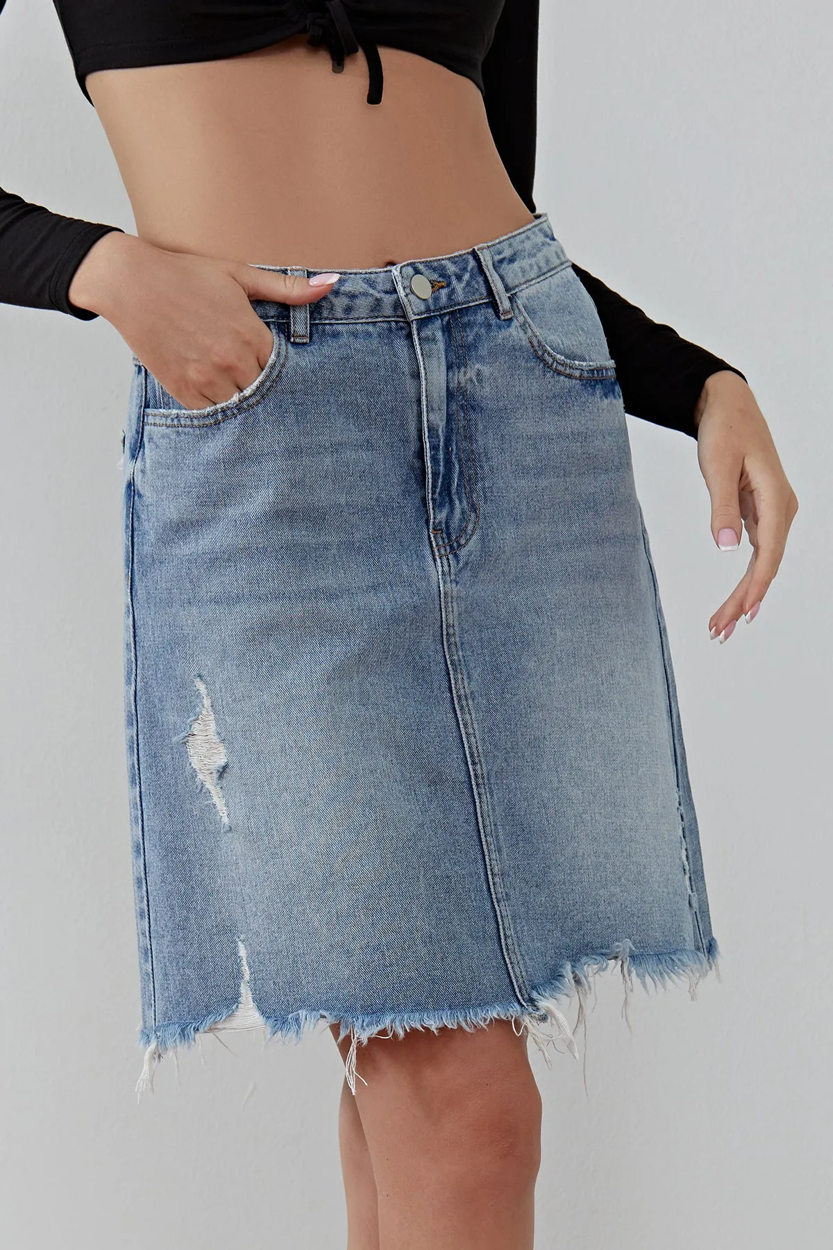 Women's Ripped  Raw Hem A Line Denim Skirt