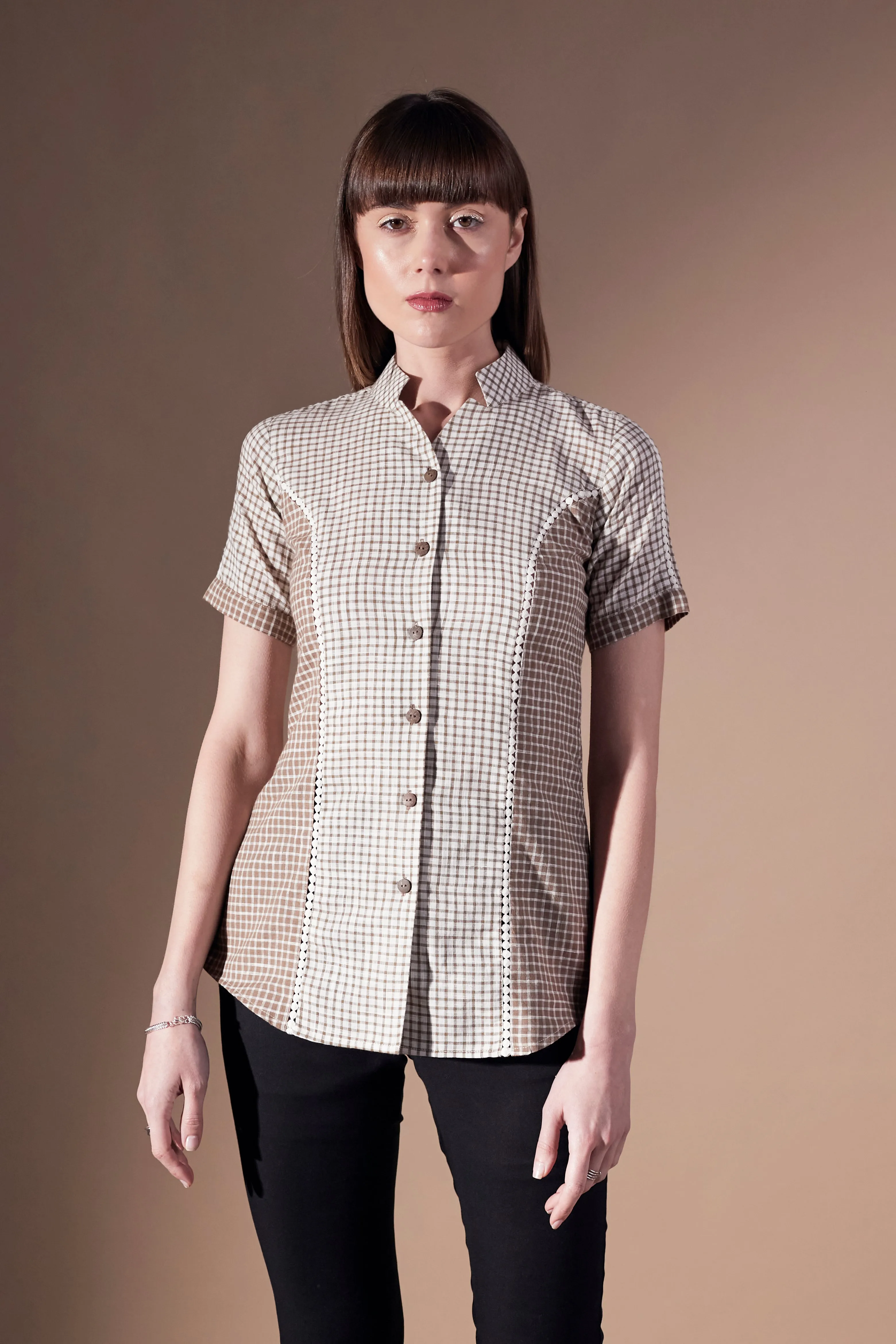 Women's Short sleeves Cotton Checks Shirt