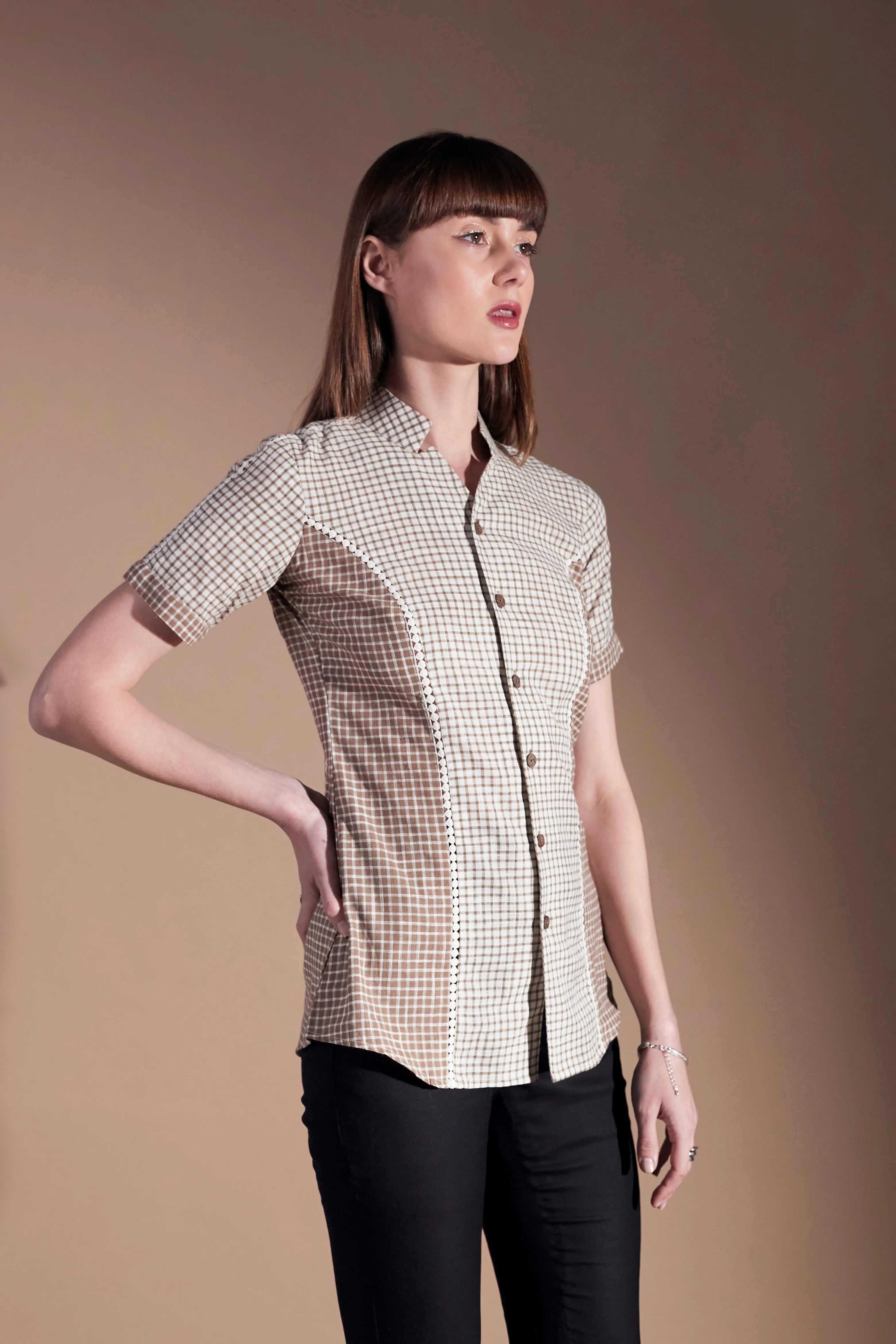 Women's Short sleeves Cotton Checks Shirt