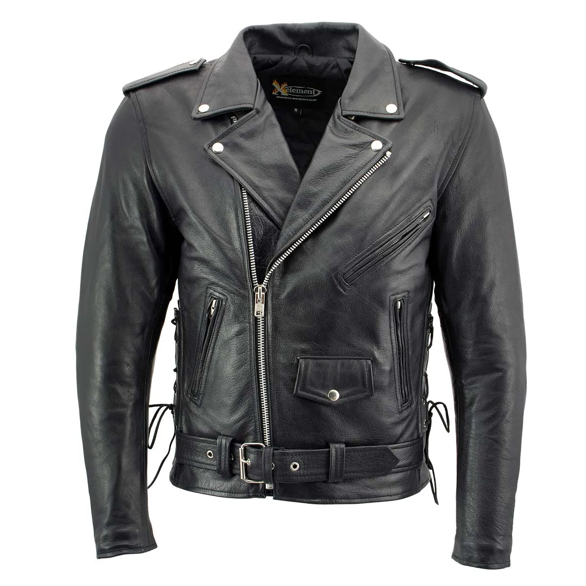 Xelement B7103 Men's 'Ruffian' Classic Black Motorcycle Side Lace Leather Jacket with X-Armor Protection