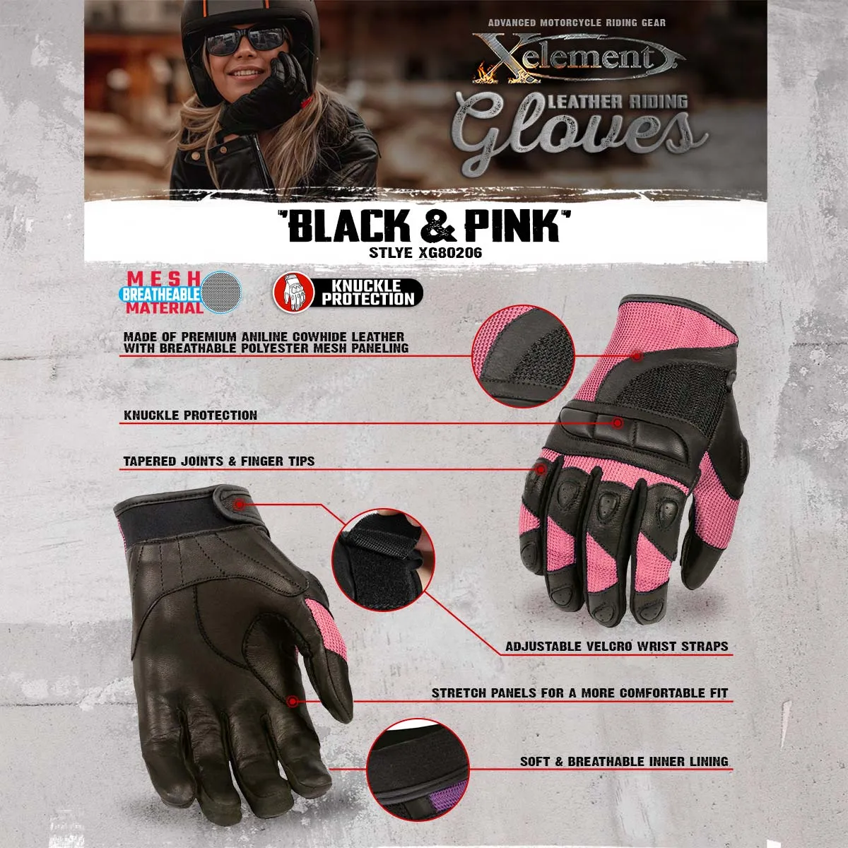 Xelement XG80206 Women's Black and Pink Mesh Cool Rider Motorcycle