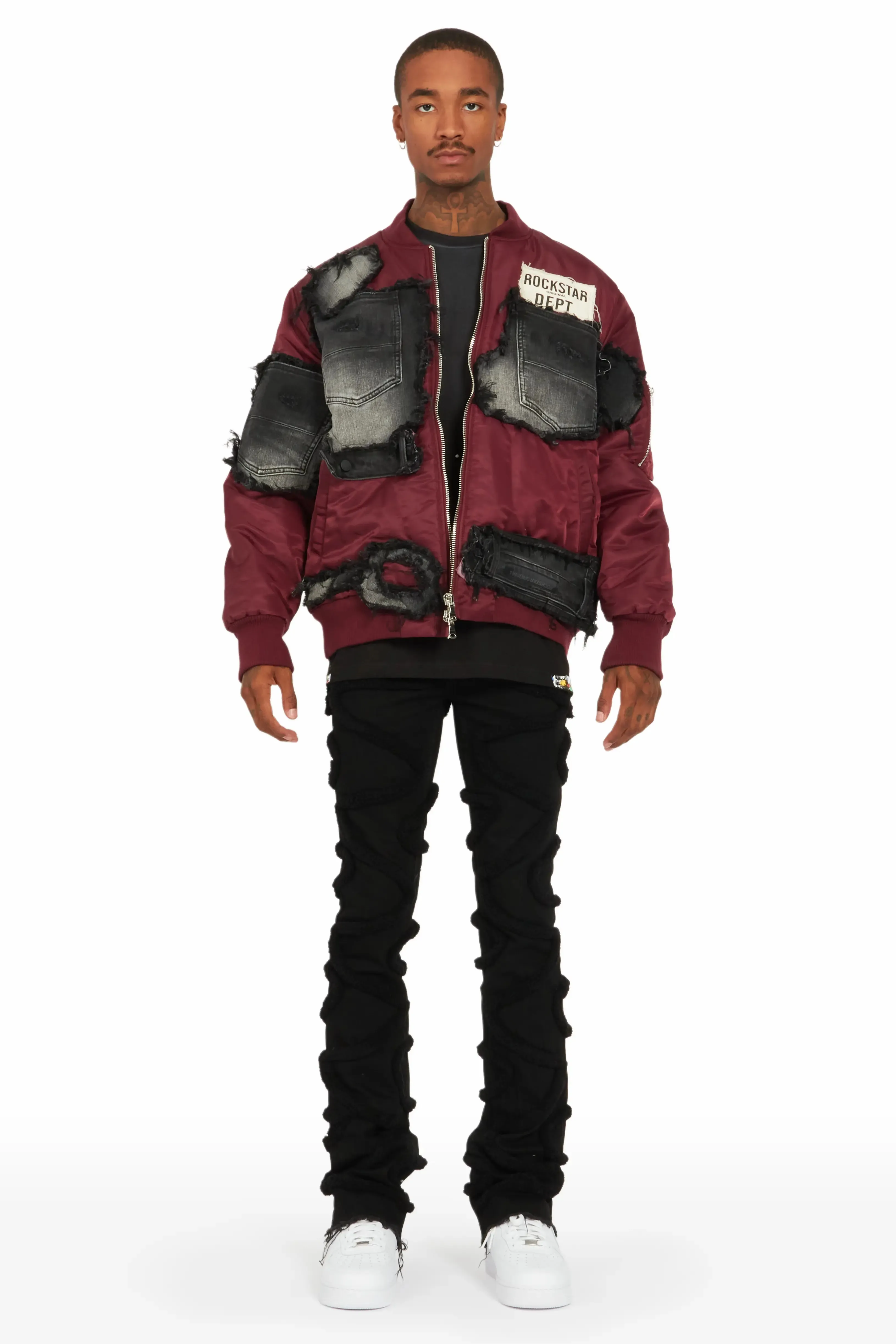 Xylo Burgundy Patchwork Bomber Jacket