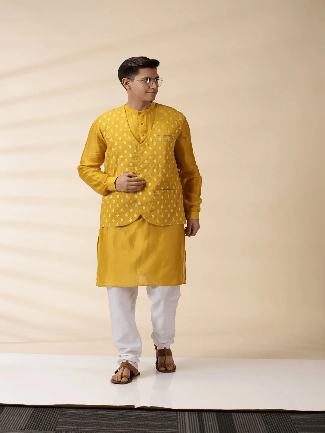 Yellow Chanderi Men Nehru Jacket