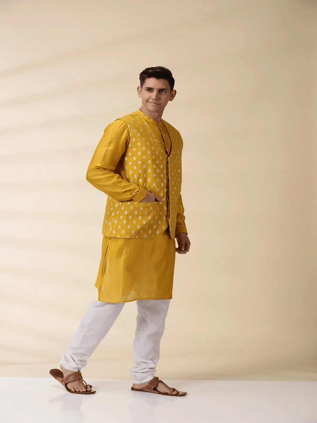 Yellow Chanderi Men Nehru Jacket