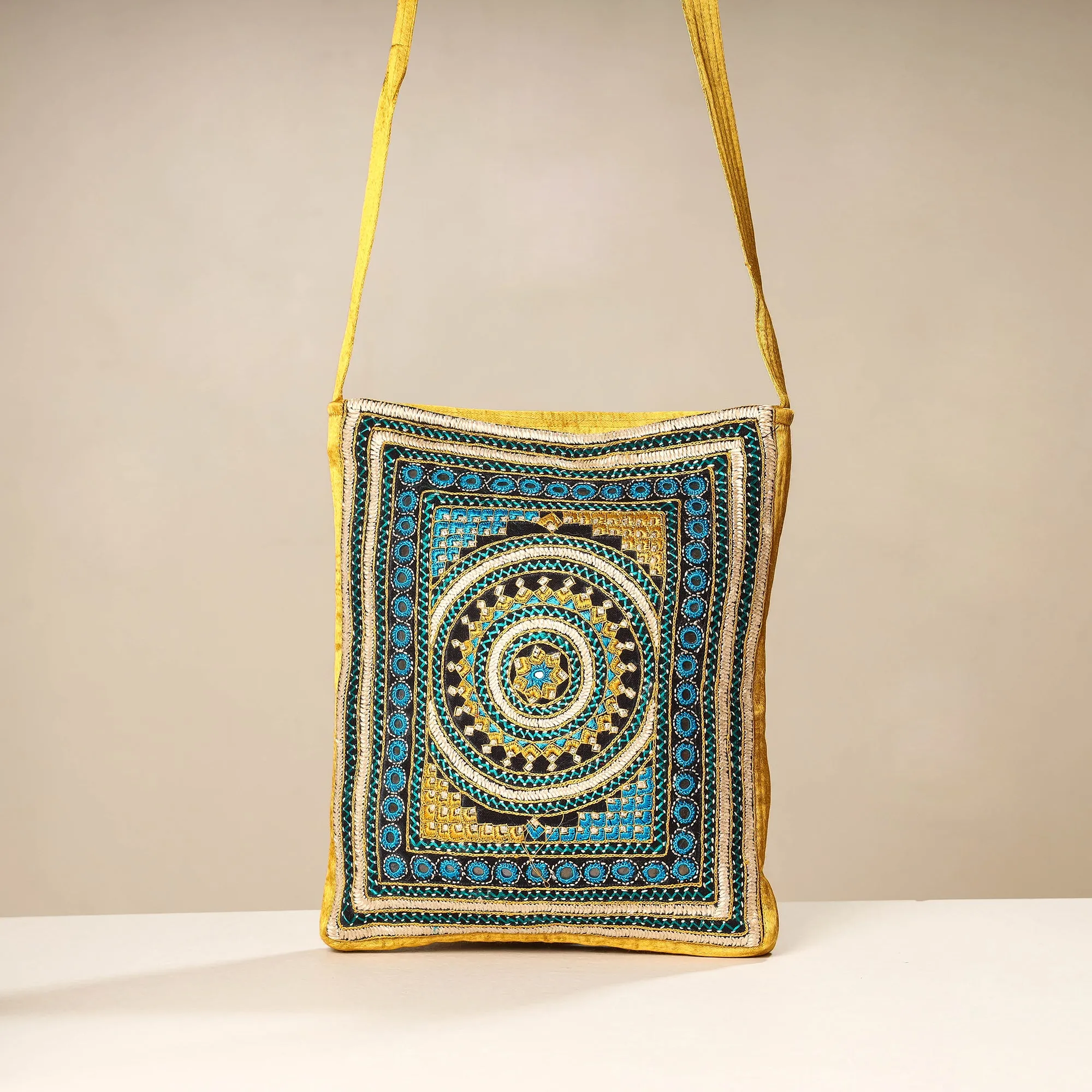 Yellow - Kutch Neran Embroidery Mashru Silk Sling Bag